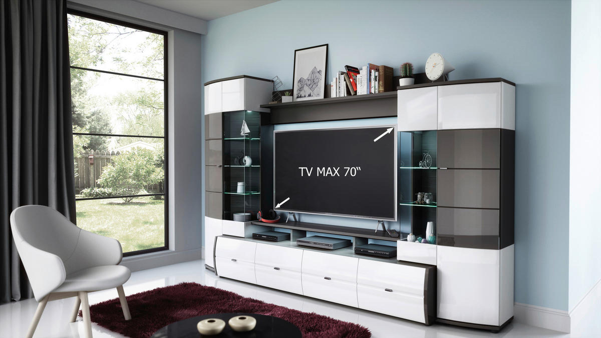 WOHNWAND  in Weiss Hochglanz, Anthrazit Hochglanz 300/194/54 cm  - Weiss Hochglanz/Silberfarben, Modern, Glas/Holzwerkstoff (300/194/54cm) - Livetastic