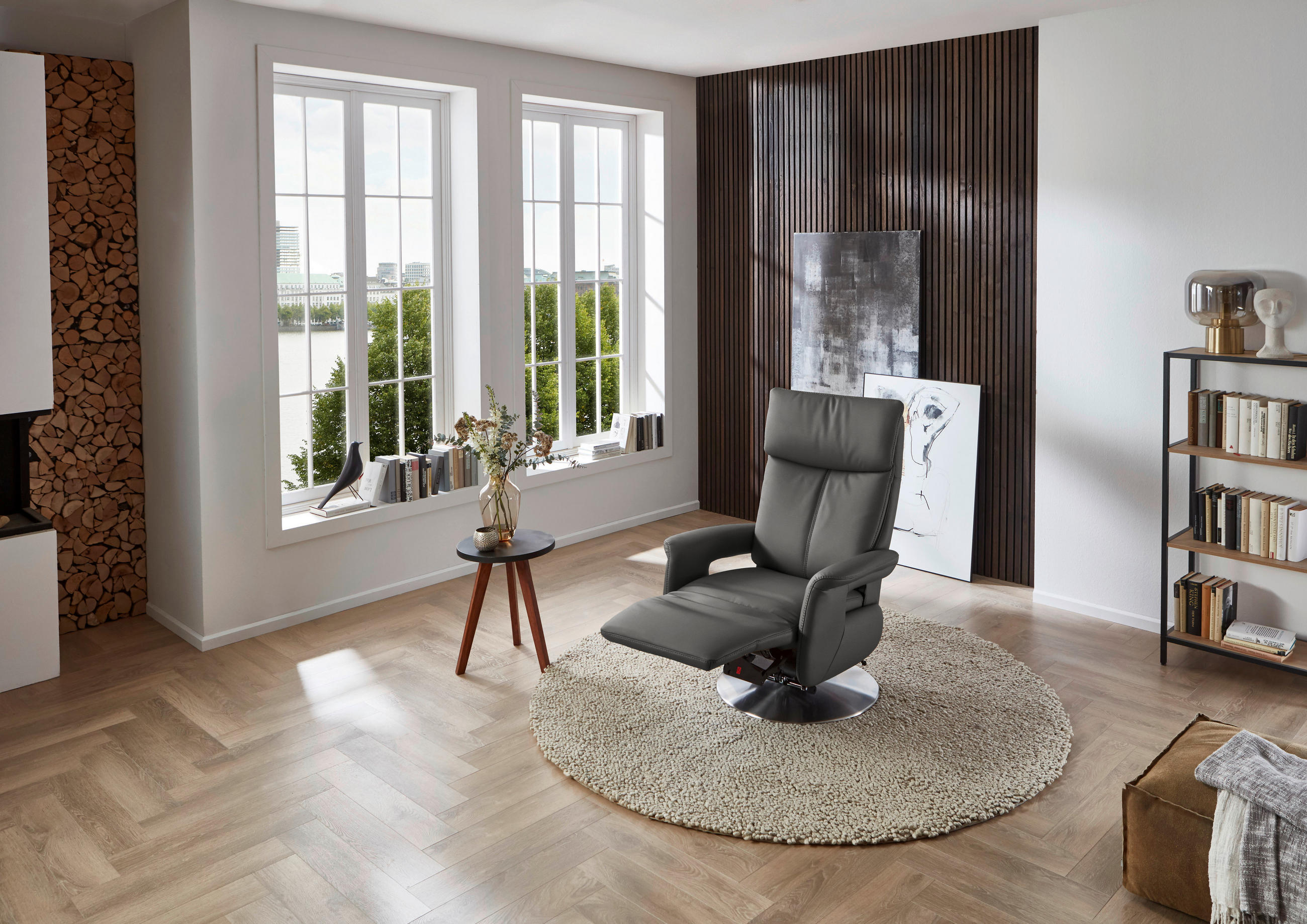 RELAXSESSEL in Leder Dunkelgrau  - Edelstahlfarben/Dunkelgrau, Design, Leder/Metall (78/112/85cm) - Cantus