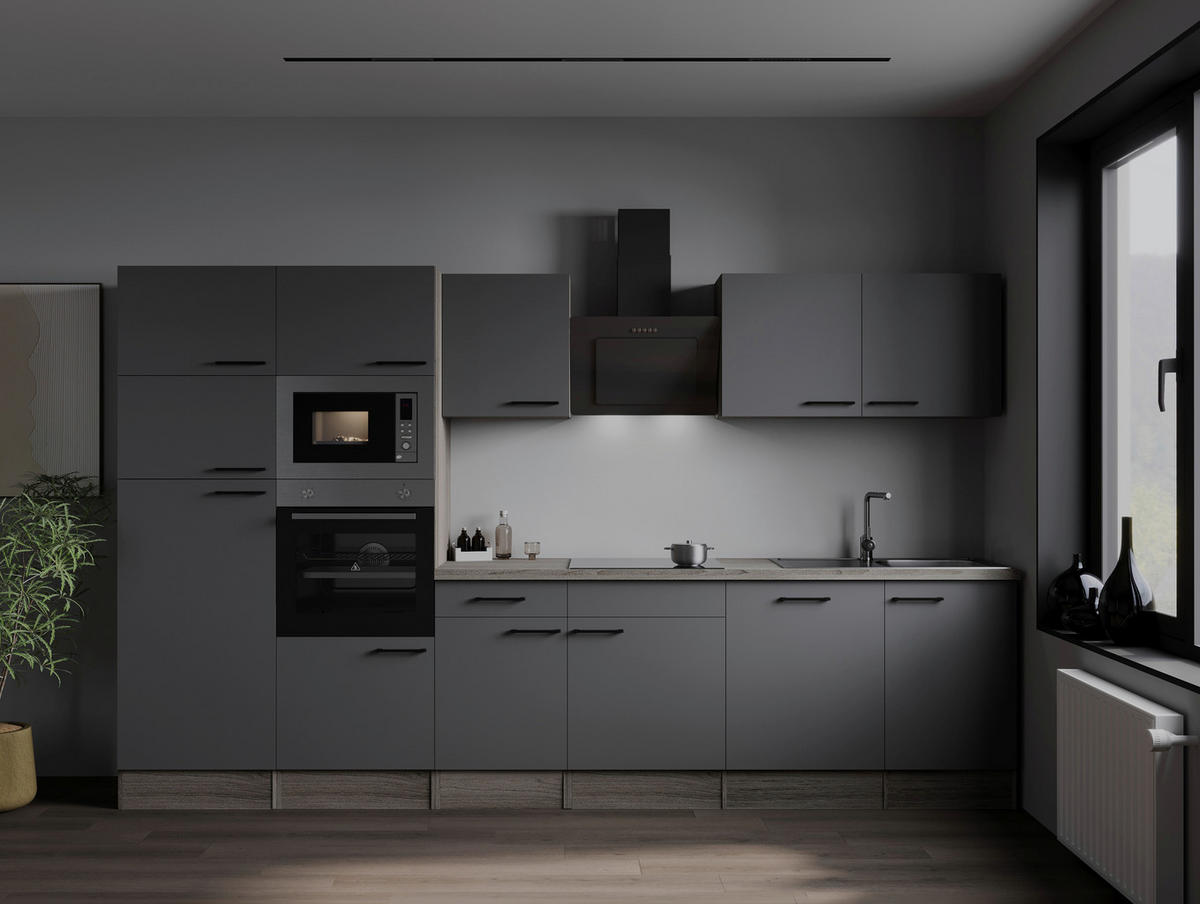 KÜCHENBLOCK 340 cm   in Grau, Eichefarben  - Eichefarben/Schwarz, Design, Holzwerkstoff/Metall (340cm) - Respekta