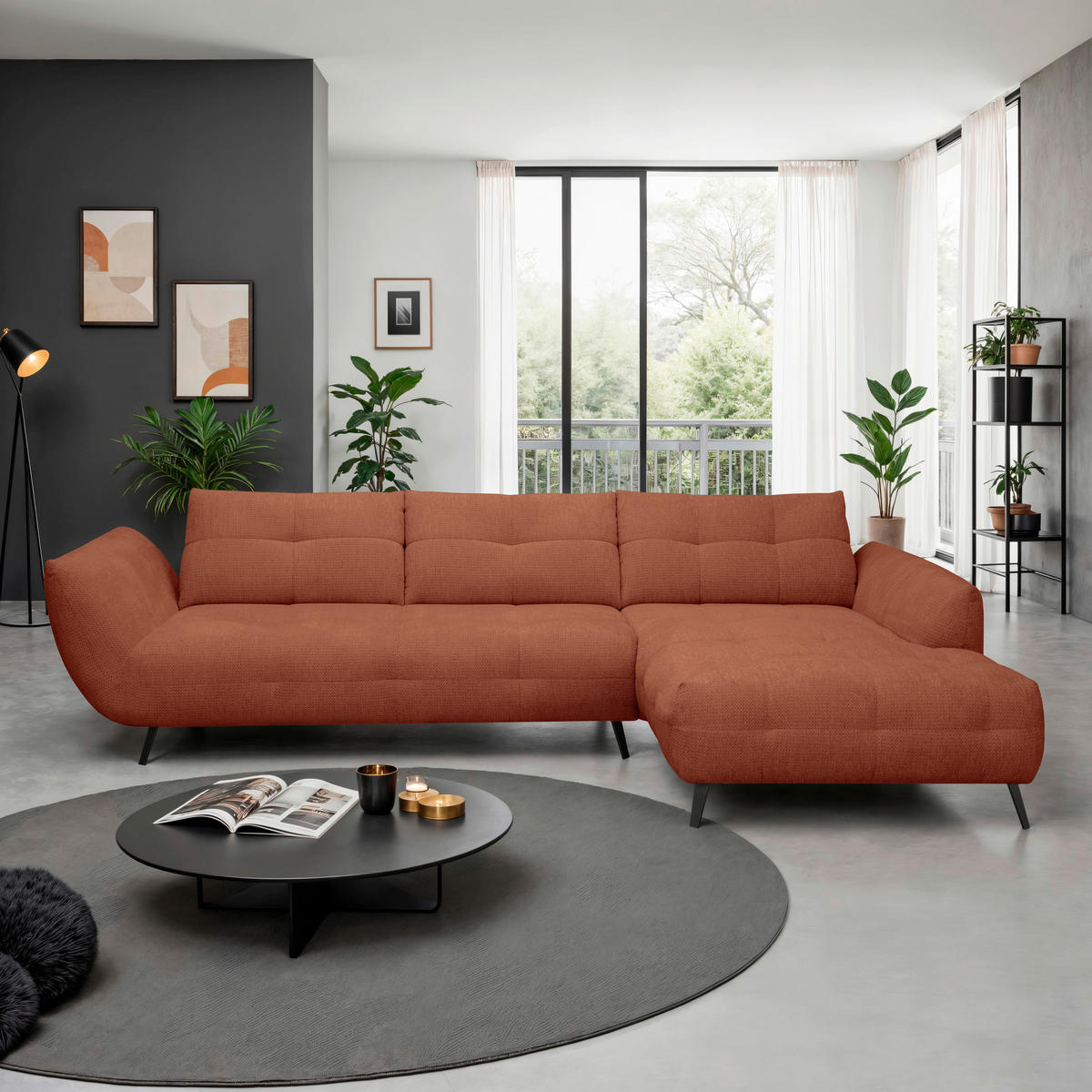 ECKSOFA Rostfarben Chenille Armlehnenkissen, Rücken echt, Sitztiefenverstellung  - Rostfarben/Schwarz, KONVENTIONELL, Textil/Metall (313/215cm) - Hom`in