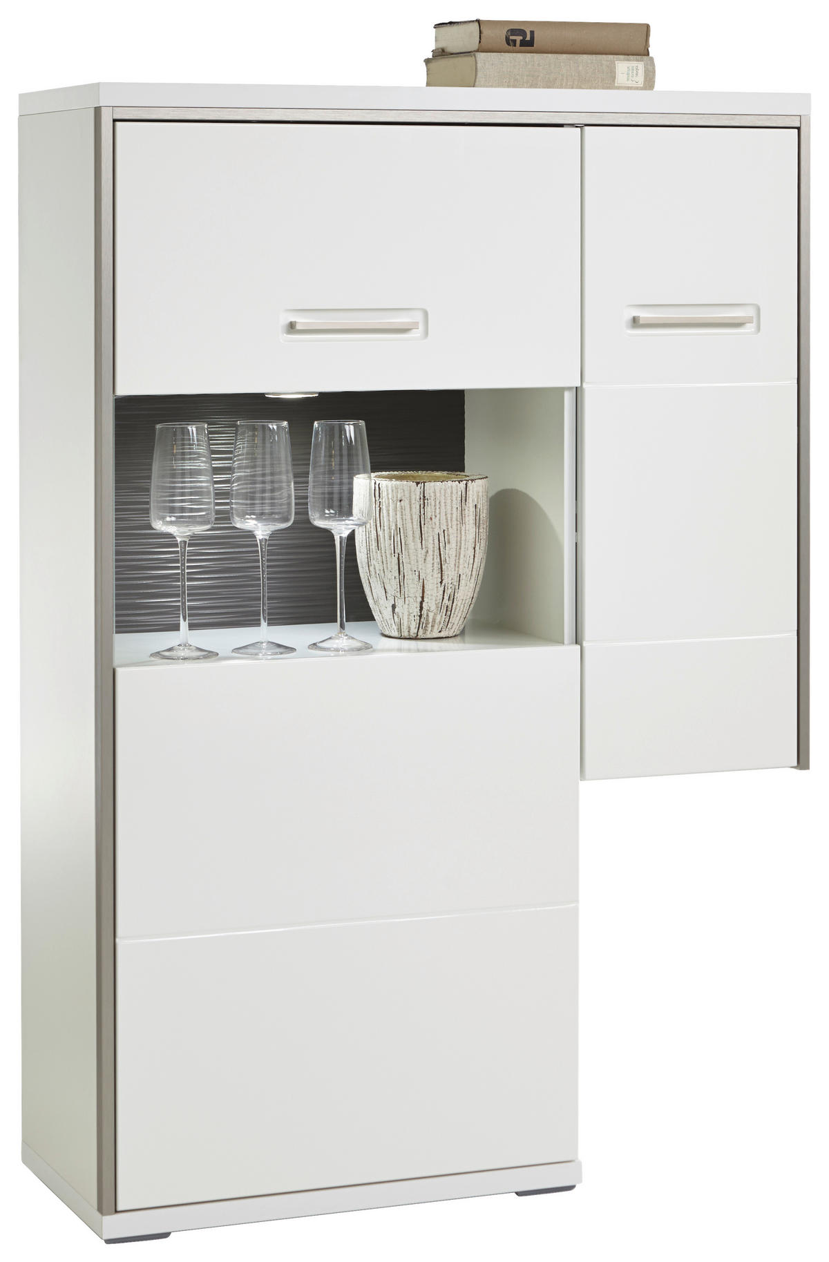 HIGHBOARD ohne Beleuchtung, Accra  in 94/137/38 cm  - Weiß Hochglanz/Silberfarben, Design, Glas/Holzwerkstoff (94/137/38cm) - Livetastic