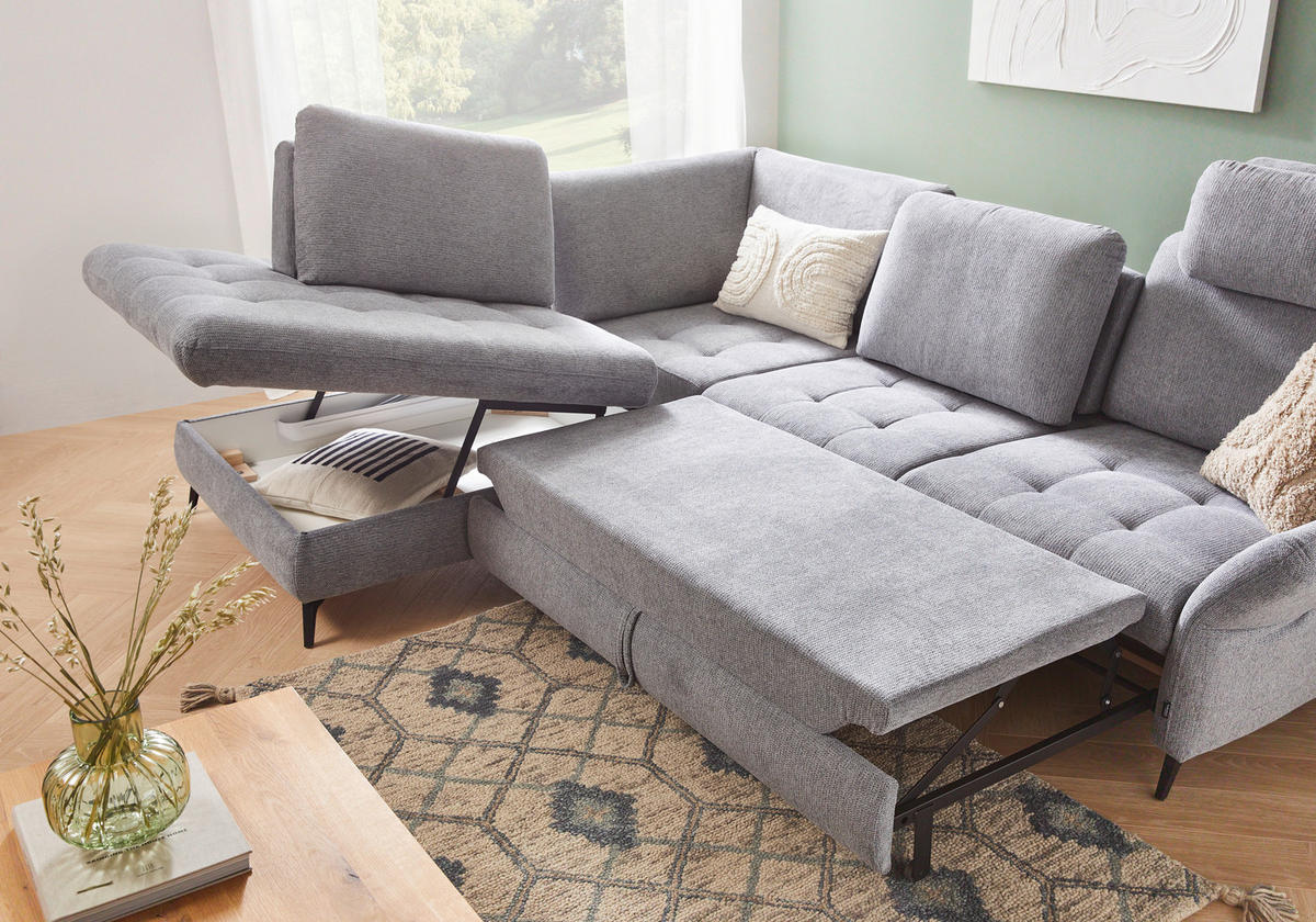 ECKSOFA Grau Chenille  - Schwarz/Grau, Natur, Textil/Metall (233/288cm) - Valnatura