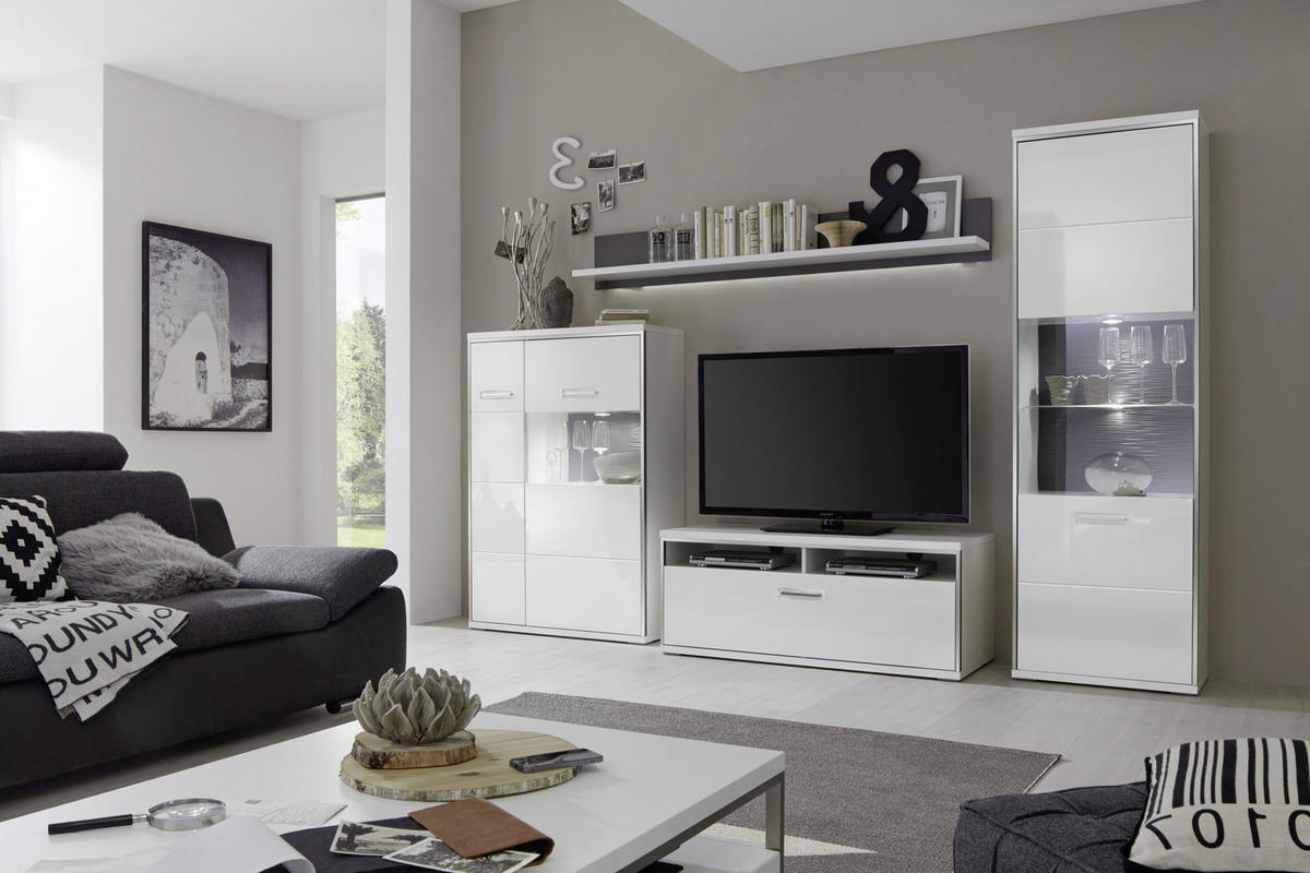 WOHNWAND  in Grau, Silberfarben, Weiss 301/201/52 cm  - Weiss Hochglanz/Weiss, Design, Glas/Holzwerkstoff (301/201/52cm) - Livetastic