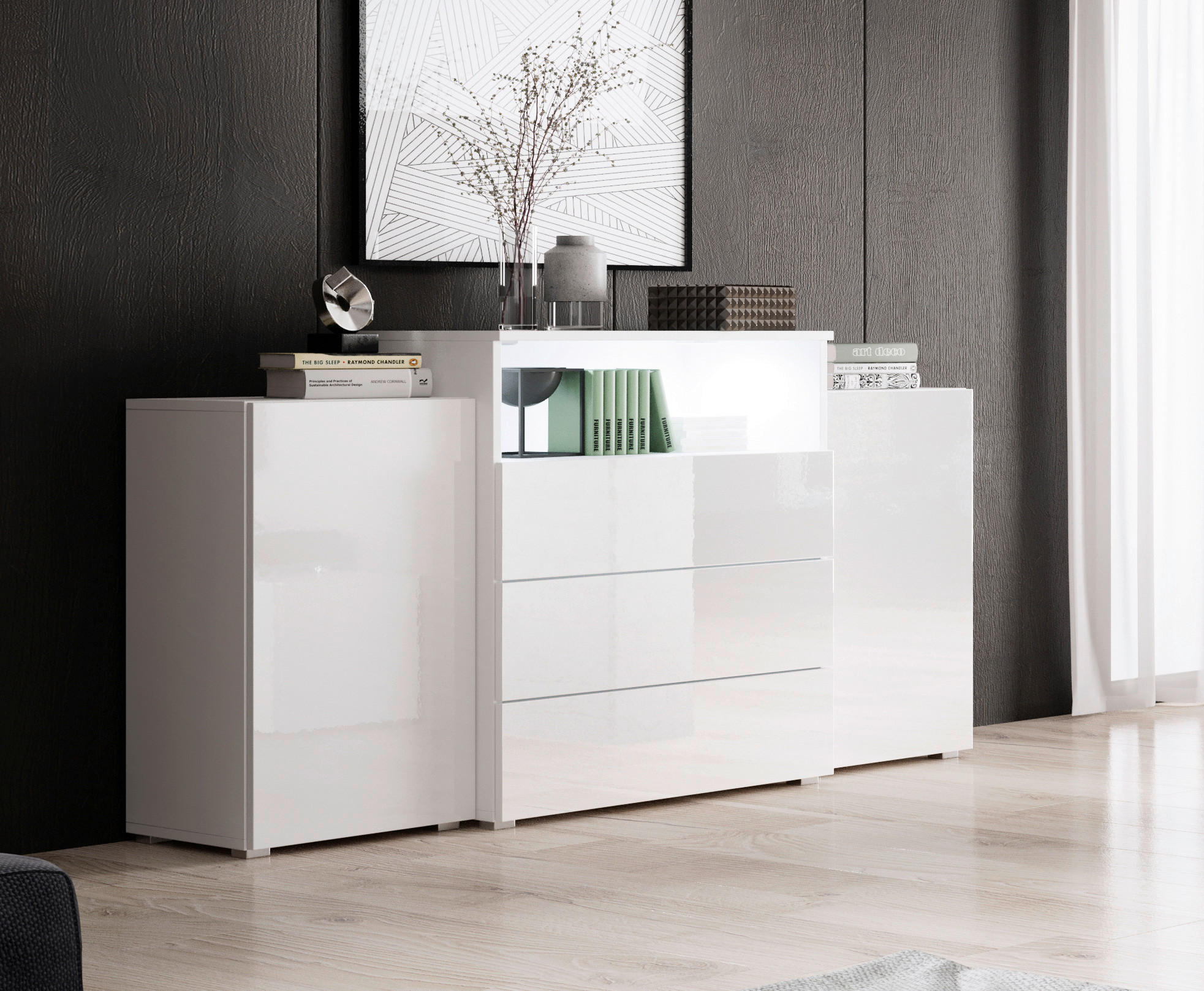 ŠIROKÁ KOMODA, biela, biela s vysokým leskom, 150/68,7/32,5 cm - sivá/biela, Lifestyle, kompozitné drevo/plast (150/68,7/32,5cm) - P & B