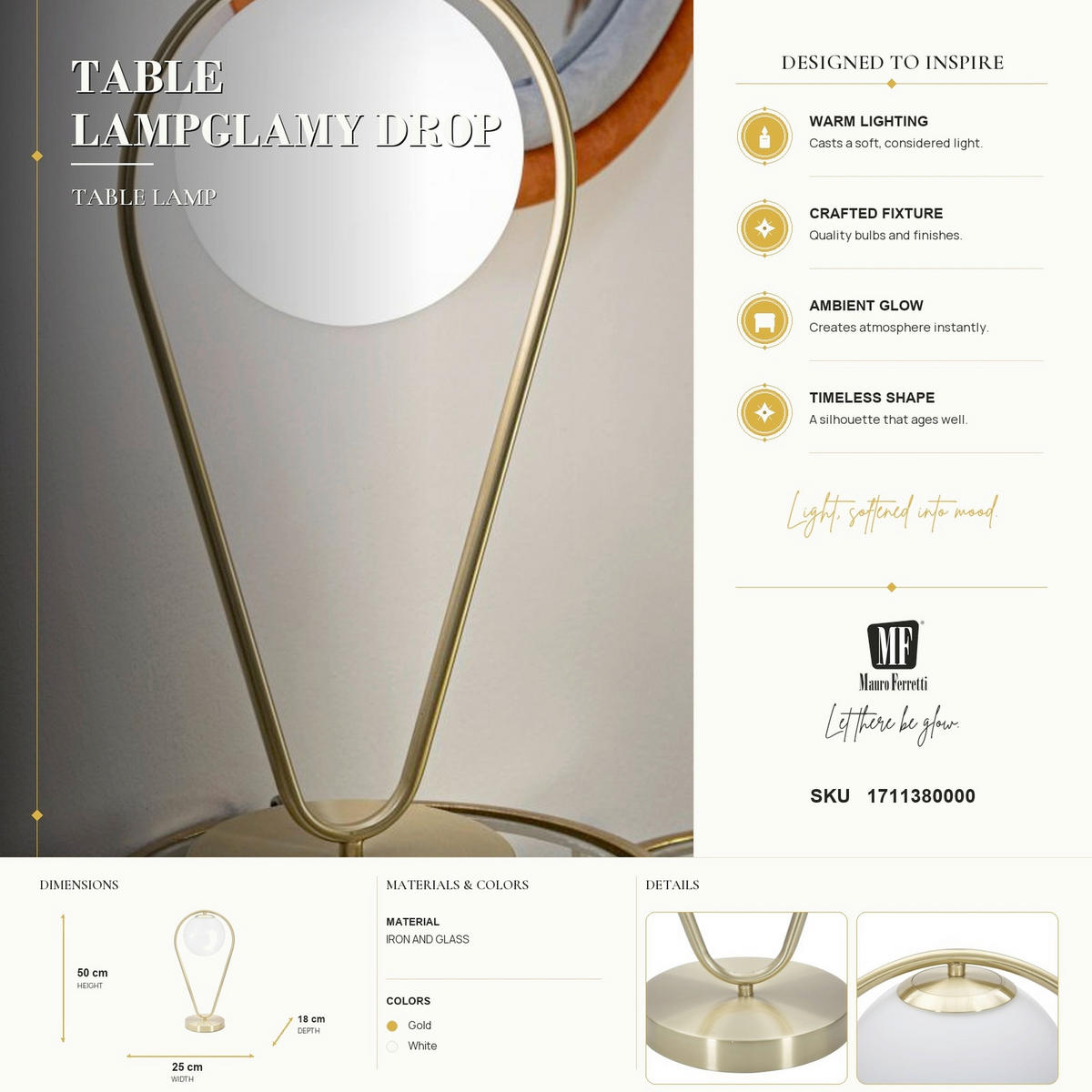TISCHLEUCHTE 25/18/50 cm  - Goldfarben/Weiß, Trend, Glas/Metall (25/18/50cm) - Mauro Ferretti