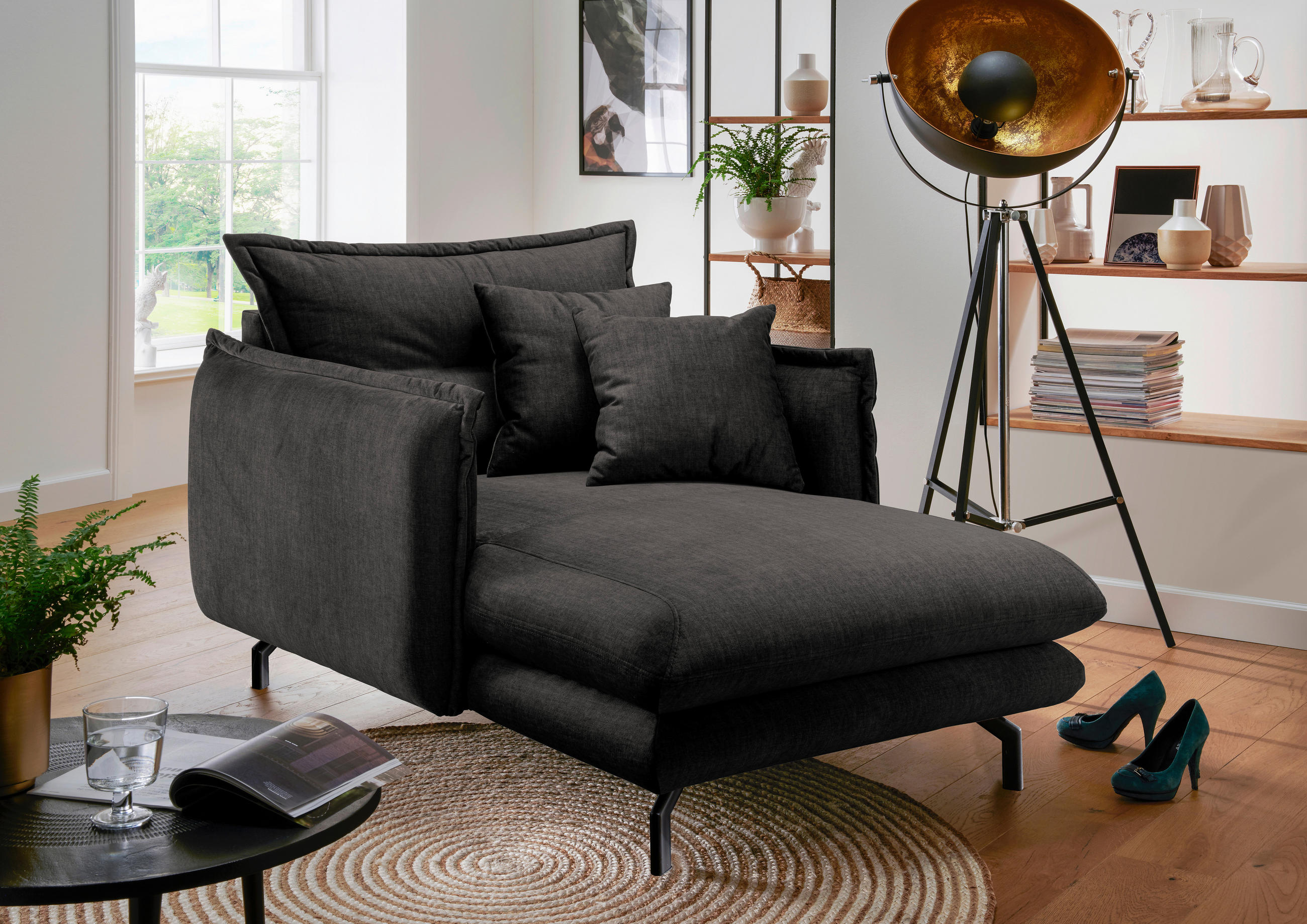 XXL-SESSEL in Velours Anthrazit  - Anthrazit/Schwarz, Modern, Textil/Metall (111/101/167cm) - Livetastic