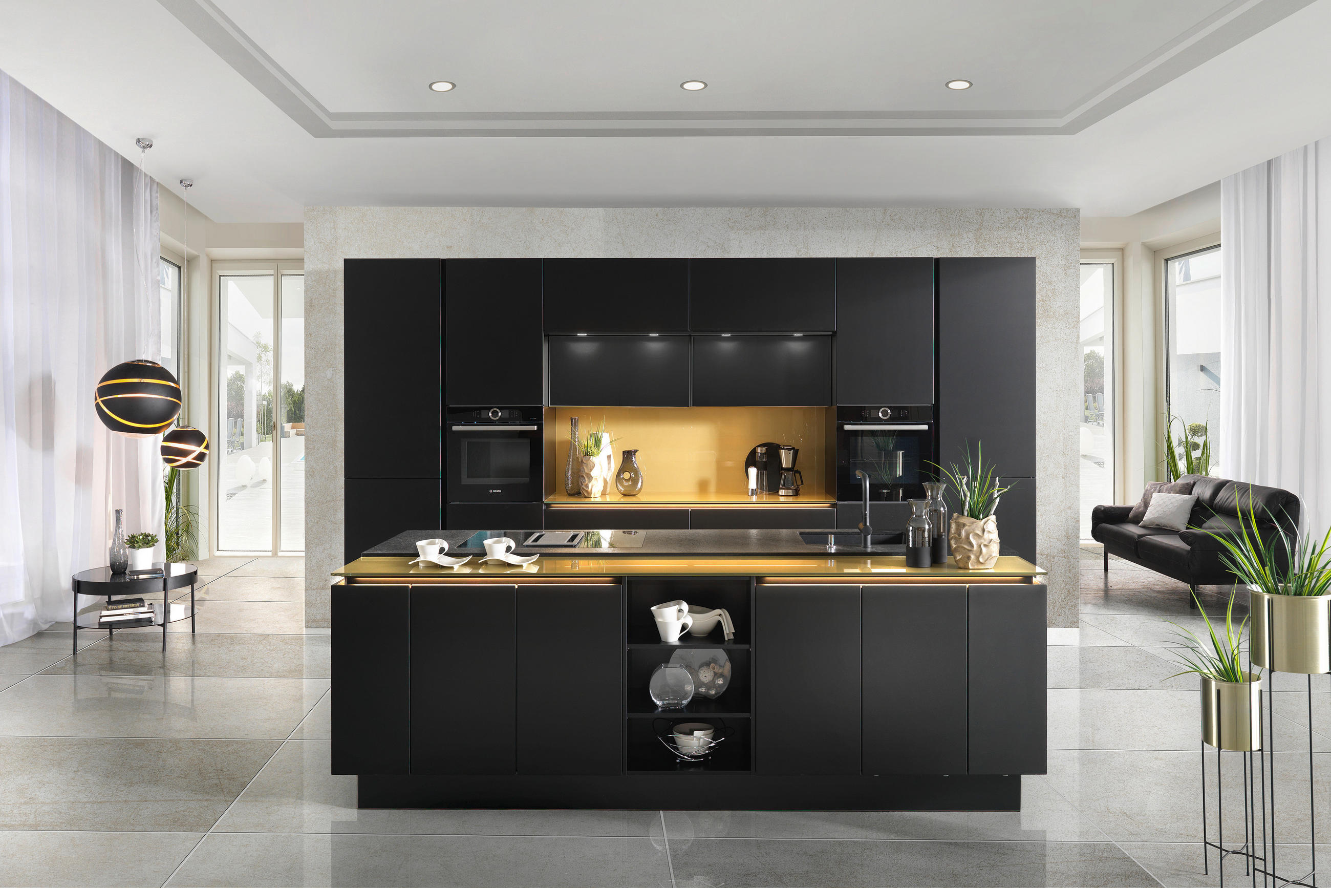 EINBAUKÜCHE DK405  - Goldfarben/Schwarz, Design, Holzwerkstoff - Dieter Knoll