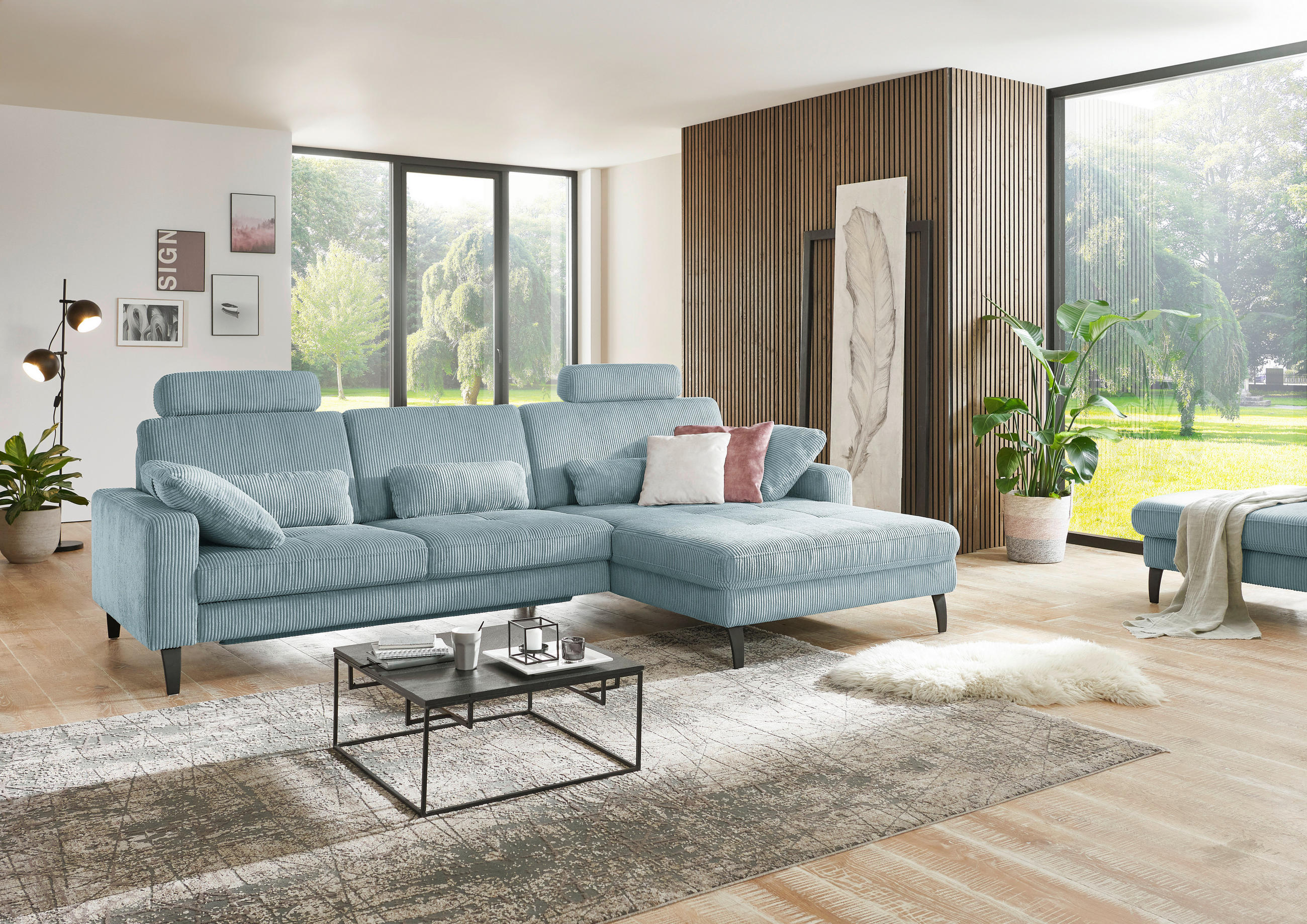 ECKSOFA in Cord Hellblau  - Schwarz/Hellblau, Modern, Textil/Metall (302/177cm) - Beldomo Style