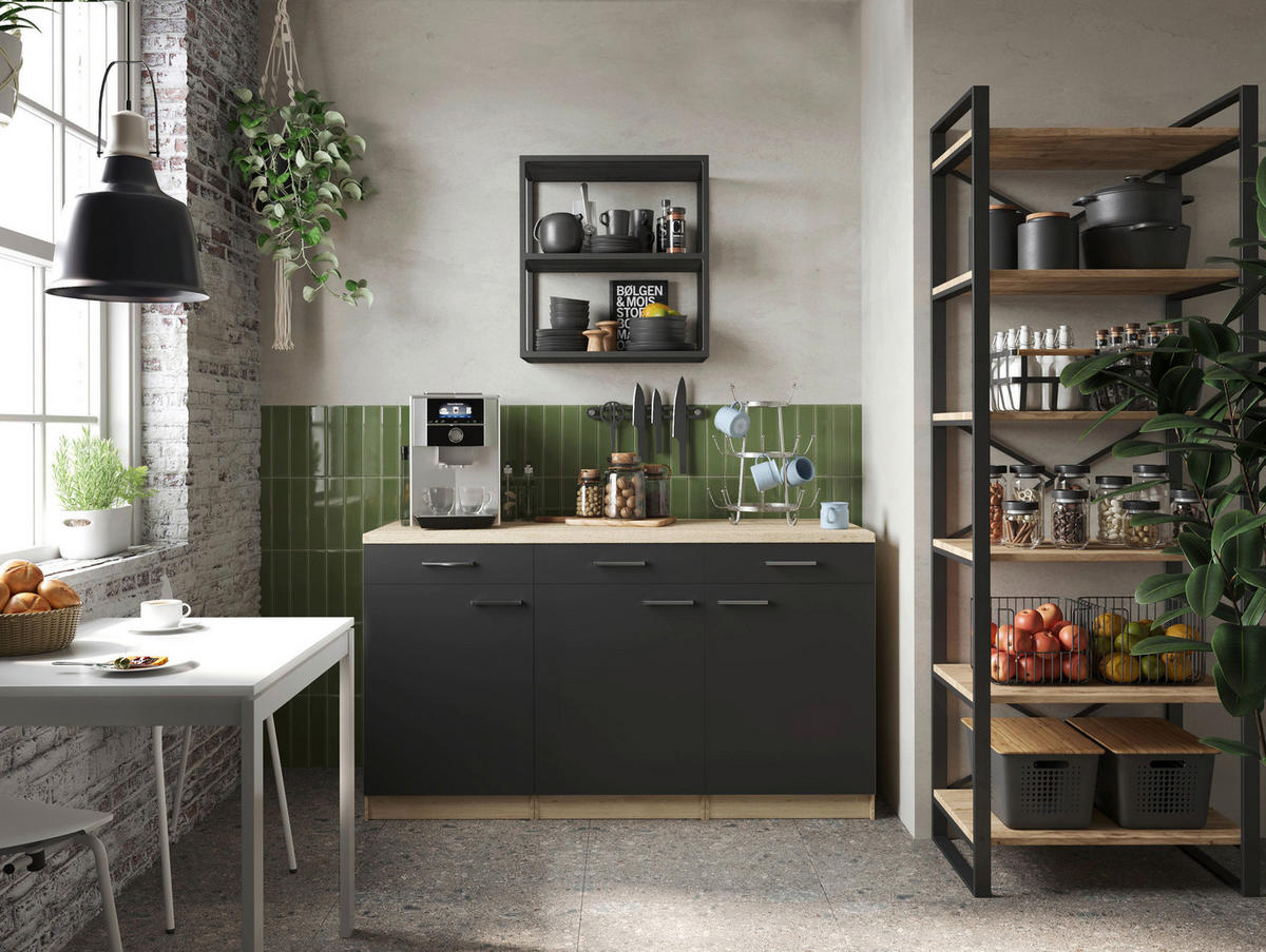 KÜCHENUNTERSCHRANK 150/85/60 cm  in Schwarz, Eichefarben  - Eichefarben/Silberfarben, Basics, Holzwerkstoff/Metall (150/85/60cm) - Respekta