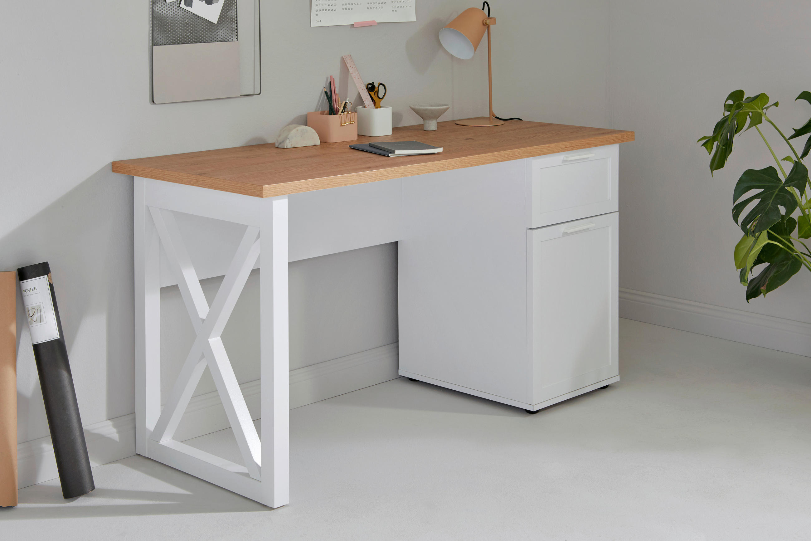 SCHREIBTISCH 140/59/74,8 cm  in Weiß, Eichefarben  - Eichefarben/Weiß, KONVENTIONELL, Holzwerkstoff/Metall (140/59/74,8cm) - Livetastic