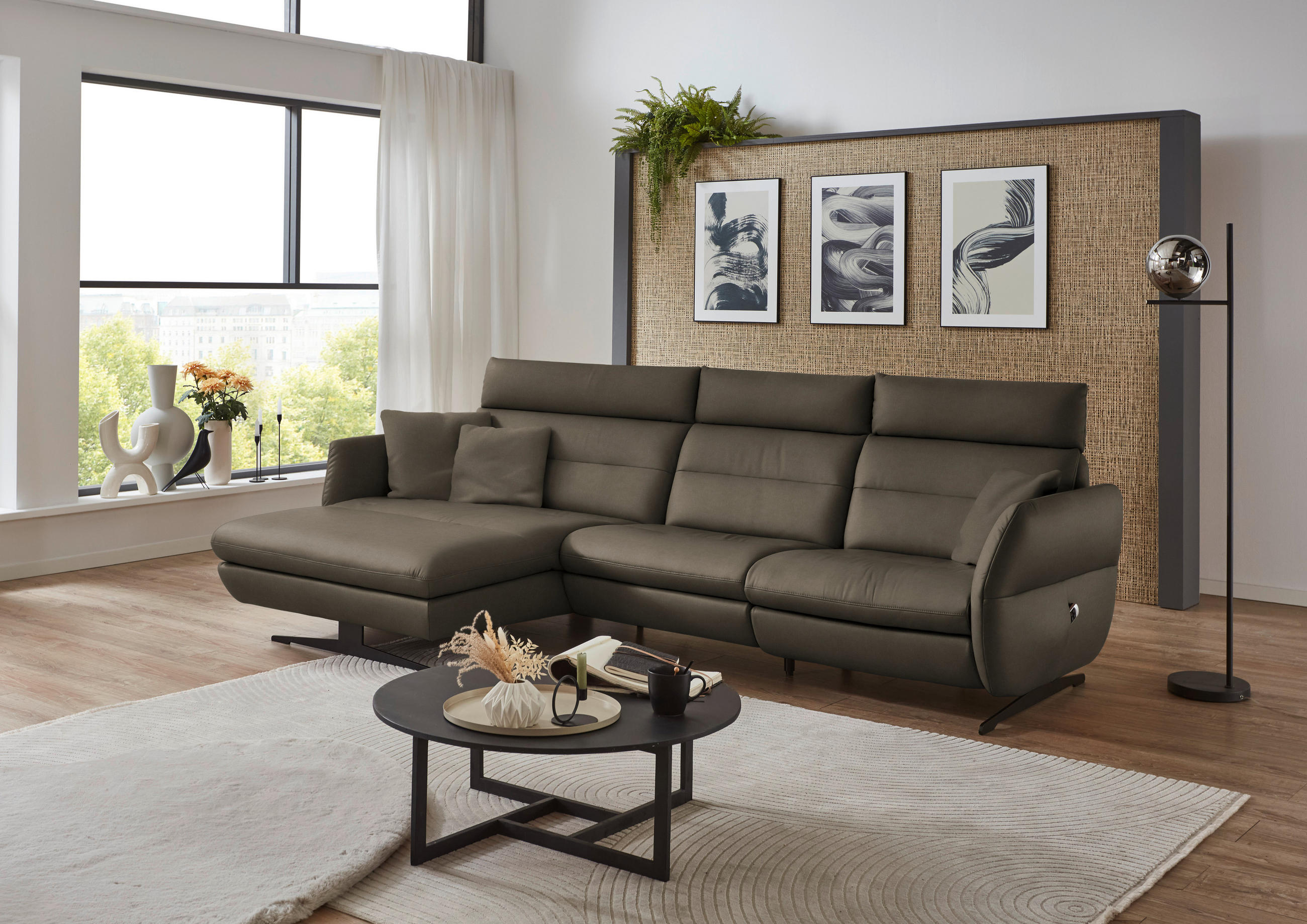 ECKSOFA in Echtleder Graubraun  - Graubraun/Schwarz, Design, Leder/Metall (169/298cm) - Dieter Knoll