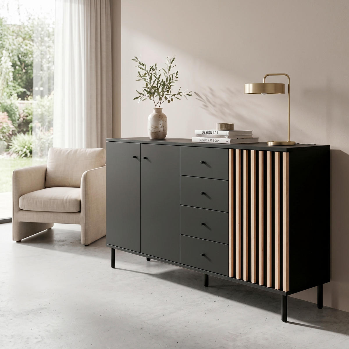 SIDEBOARD  160/90/40 cm 4 Schublade(n)  - Schwarz/Eiche Artisan, Design, Holzwerkstoff/Metall (160/90/40cm) - Livetastic
