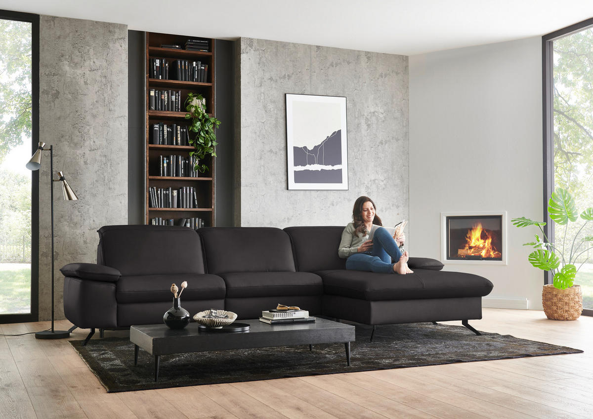 ECKSOFA  Echtleder Schwarzbraun  - Schwarzbraun/Schwarz, Design, Leder/Metall (307/169cm) - Beldomo Premium