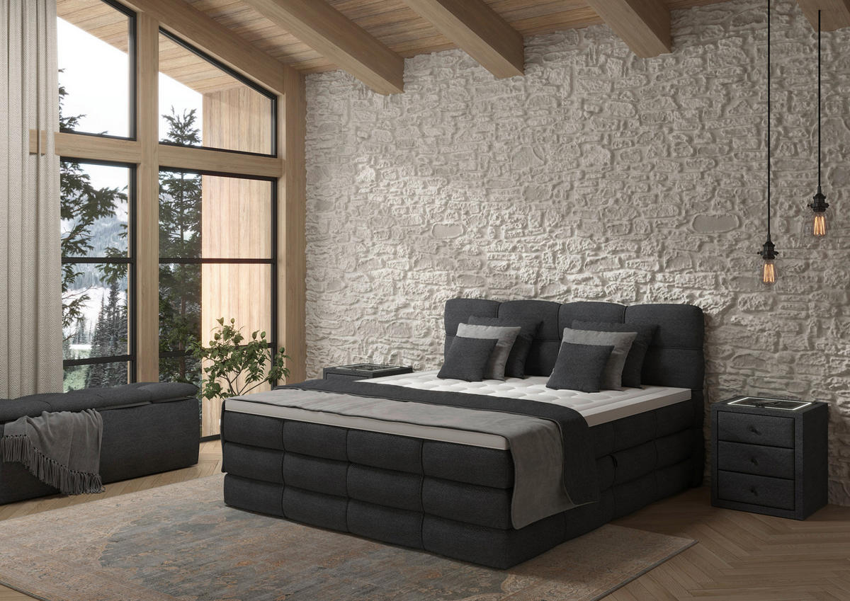 BOXSPRINGBETT 180/200 cm,  in Dunkelgrau, gepolstertes Kopfteil, Bettkasten, Topper, Matratzen, H3 + H3 = fest  - Dunkelgrau/Schwarz, Design, Kunststoff/Textil (180/200cm) - Chameo
