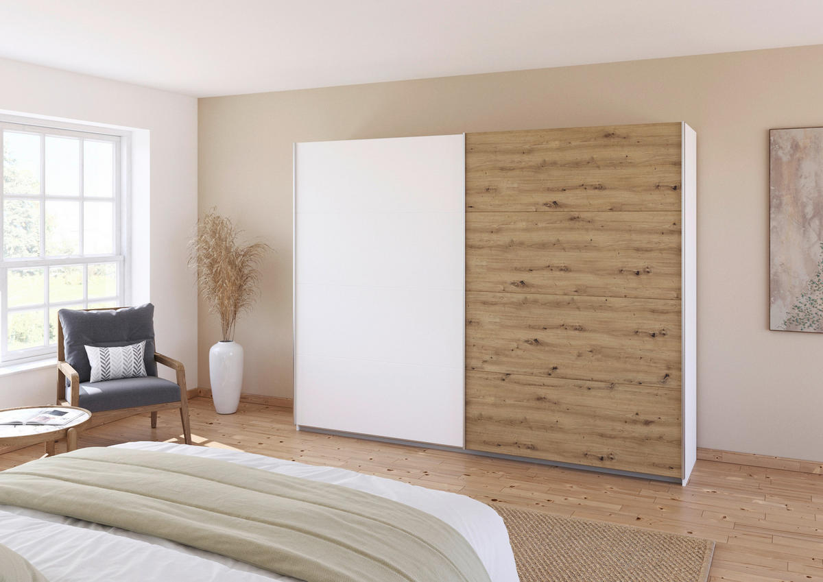 SCHWEBETÜRENSCHRANK  in Weiß, Eiche Artisan  - Alufarben/Weiß, KONVENTIONELL, Holzwerkstoff/Metall (271/229/62cm) - Xora