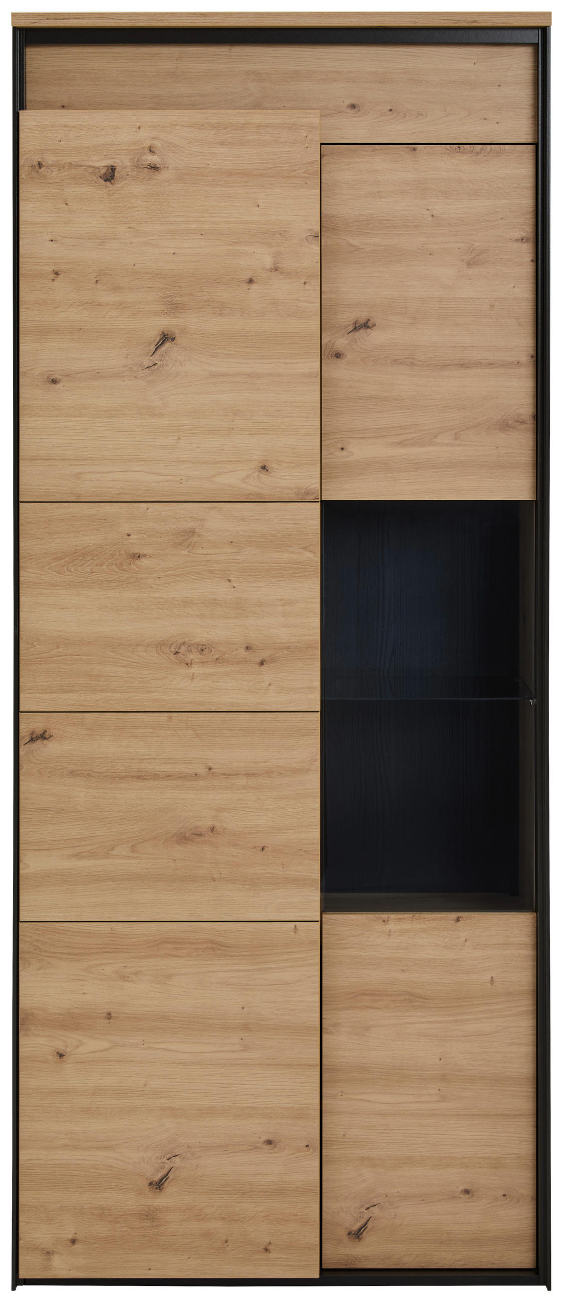 Thumbnail - Hom`in Vitrine, Schwarz, Eiche Artisan, Glas, Holzwerkstoff, 10 Fächer, 83x196x42 cm, Beimöbel erhältlich, stehend, Bele...