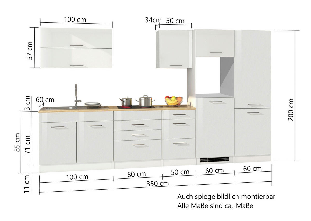 KÜCHENLEERBLOCK 350 cm   in Weiß Hochglanz  - Weiß Hochglanz/Silberfarben, MODERN, Holzwerkstoff/Metall (350cm) - Held