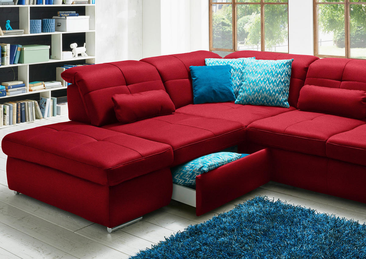 WOHNLANDSCHAFT  in Mikrofaser Rot  - Chromfarben/Rot, Design, Holzwerkstoff/Textil (260/371/195cm) - Beldomo Style