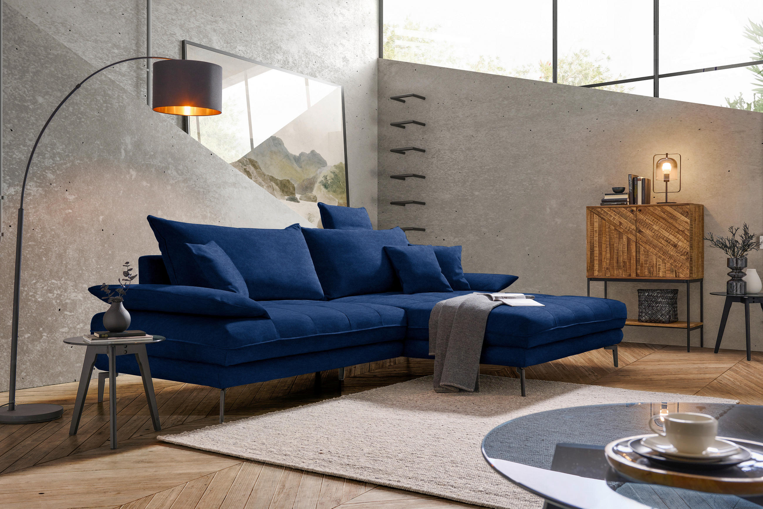 ECKSOFA PRATO Dunkelblau Mikrofaser  - Schwarz/Dunkelblau, MODERN, Textil/Metall (292/176cm) - MID.YOU