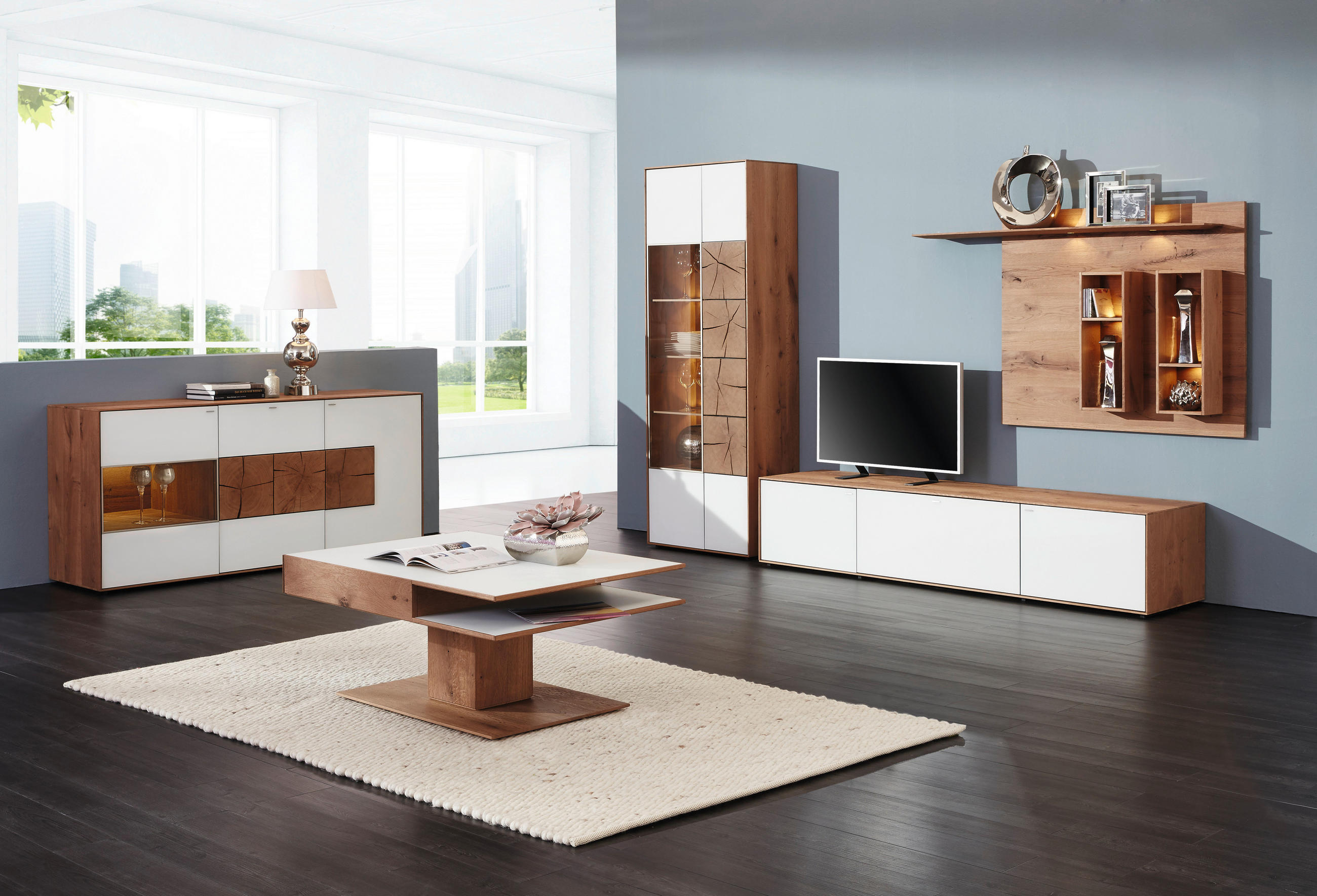 COUCHTISCH in Holz, Glas 105/75/46 cm - Weiss/Eichefarben, Natur, Glas/Holz (105/75/46cm) - Valnatura