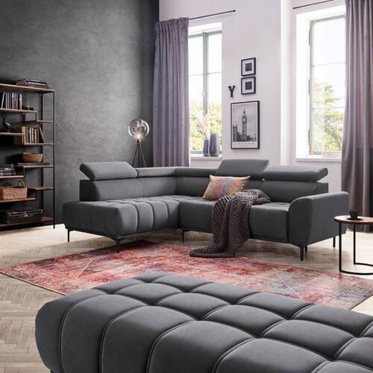 ECKSOFA in Velours Graphitfarben  - Schwarz/Graphitfarben, Design, Textil/Metall (191/261cm) - Stylife