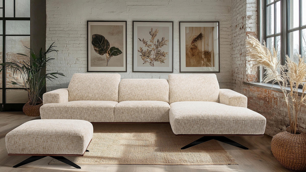 ECKSOFA PORTLAND in Struktur Beige Kopfteilverstellung  295/187 cm  - Beige/Schwarz, Design, Holz/Textil (295/187cm) - Livetastic