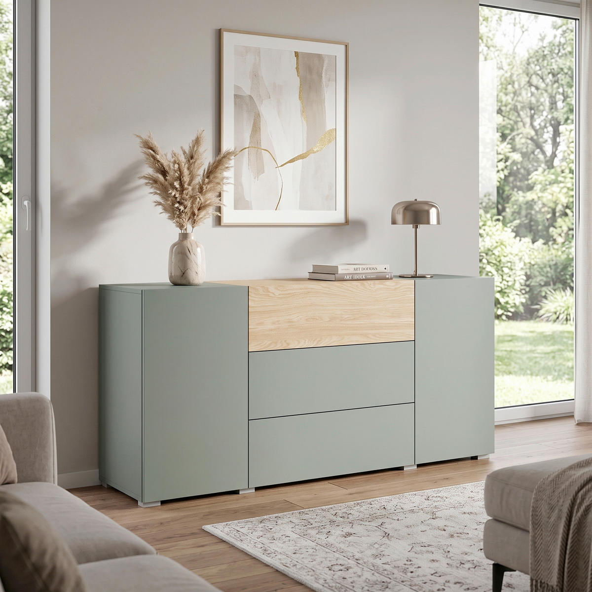 SIDEBOARD Berlin 150/68/38,5 cm 3 Schublade(n)  - Eichefarben/Salbeigrün, Design, Holzwerkstoff/Kunststoff (150/68/38,5cm) - P & B