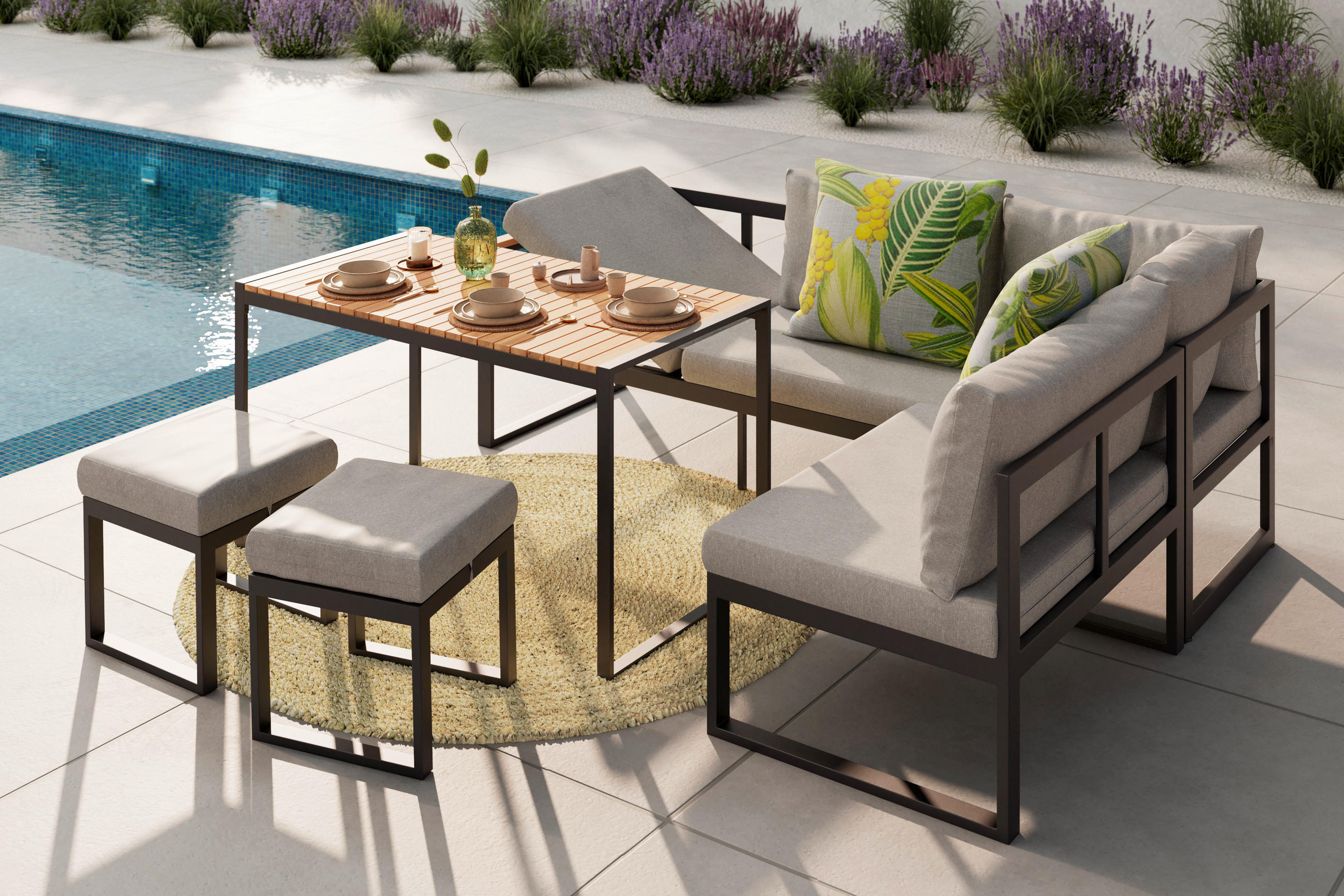 GARTENGARNITUR Flachgewebe Akazie massiv Stahl  - Anthrazit/Grau, KONVENTIONELL, Holz/Textil (213/160cm) - Ambia Garden