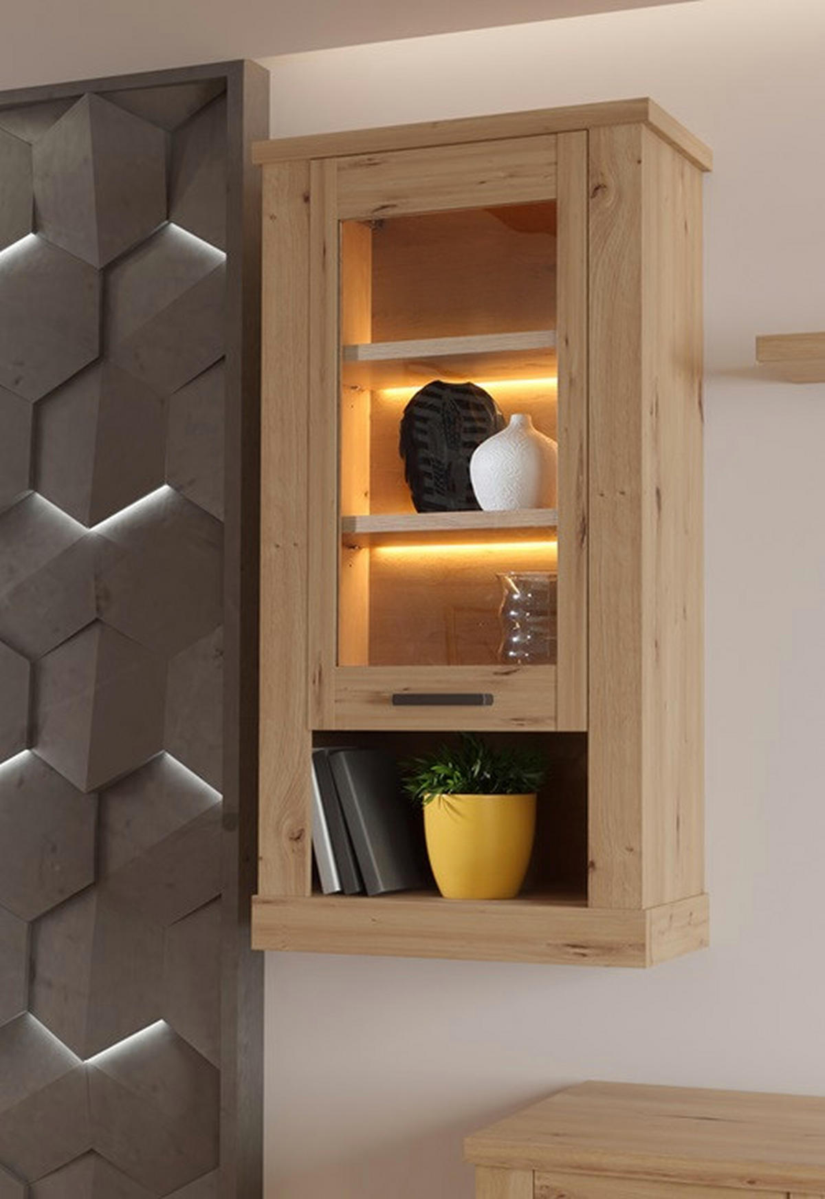 Vitrină Suspendată, culoare lemn stejar  - culoare lemn stejar, Design, material pe bază de lemn (71,4/136,5/34,4cm) - Cantus