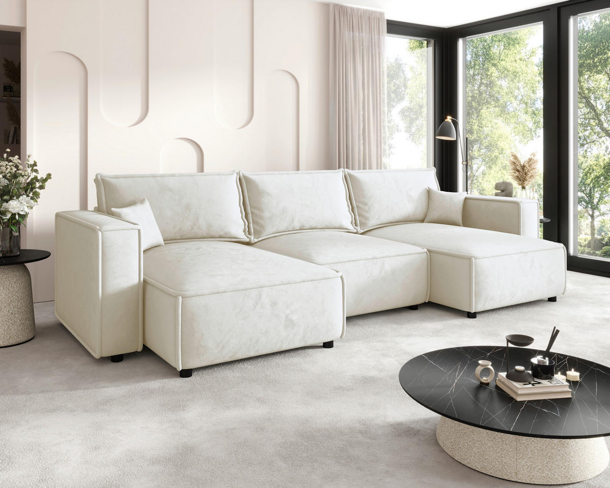 WOHNLANDSCHAFT Creme Webstoff  - Creme/Schwarz, MODERN, Kunststoff/Textil (153/350/153cm) - Xora