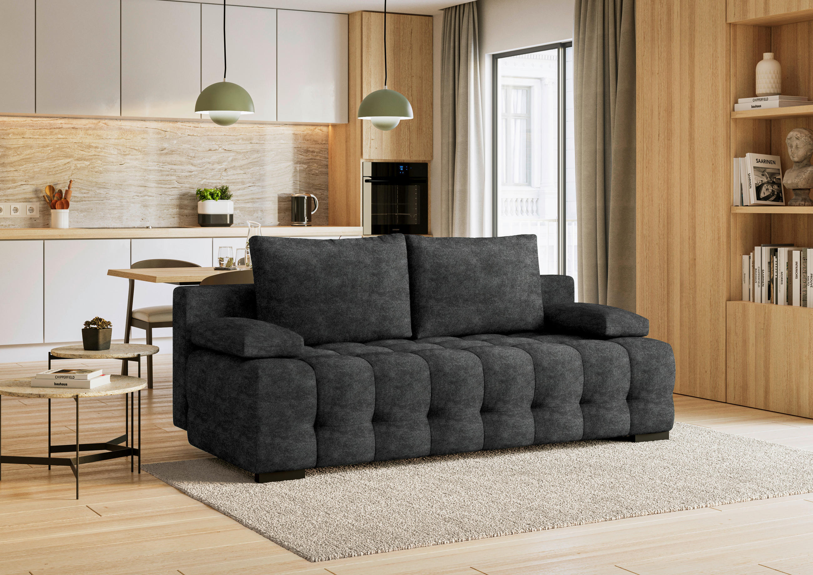 SCHLAFSOFA in Velours Grau  - Schwarz/Grau, KONVENTIONELL, Kunststoff/Textil (209/96/100cm) - Stylife