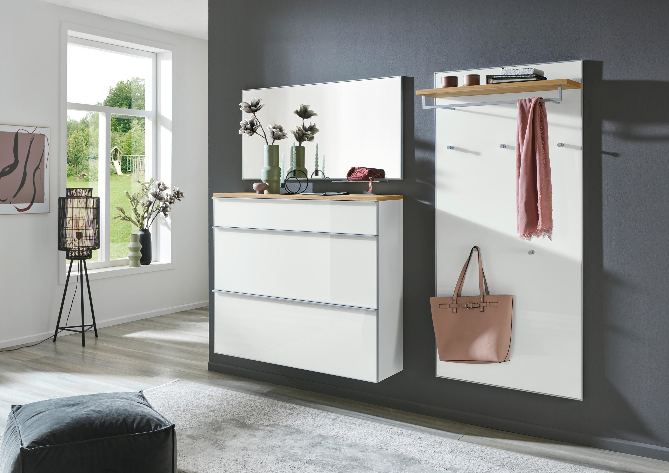 GARDEROBE 4-teilig  in 220/195/40 cm  - Alufarben/Weiß, Design, Glas/Holz (220/195/40cm)