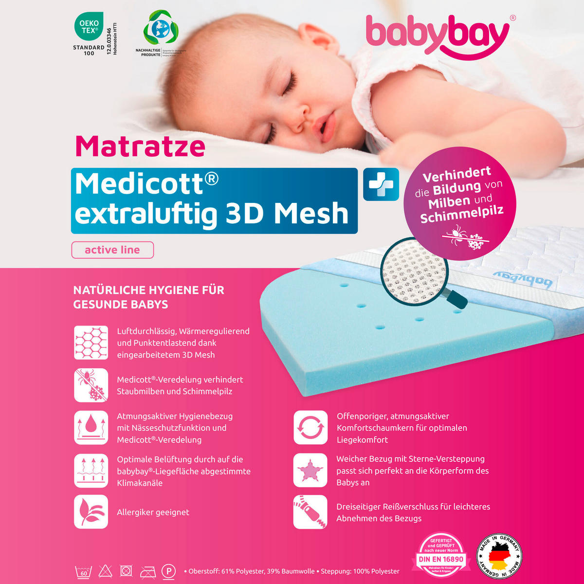 BEISTELLBETTMATRATZE 89/49,5 cm  - Basics, Textil (89/49,5cm) - Babybay