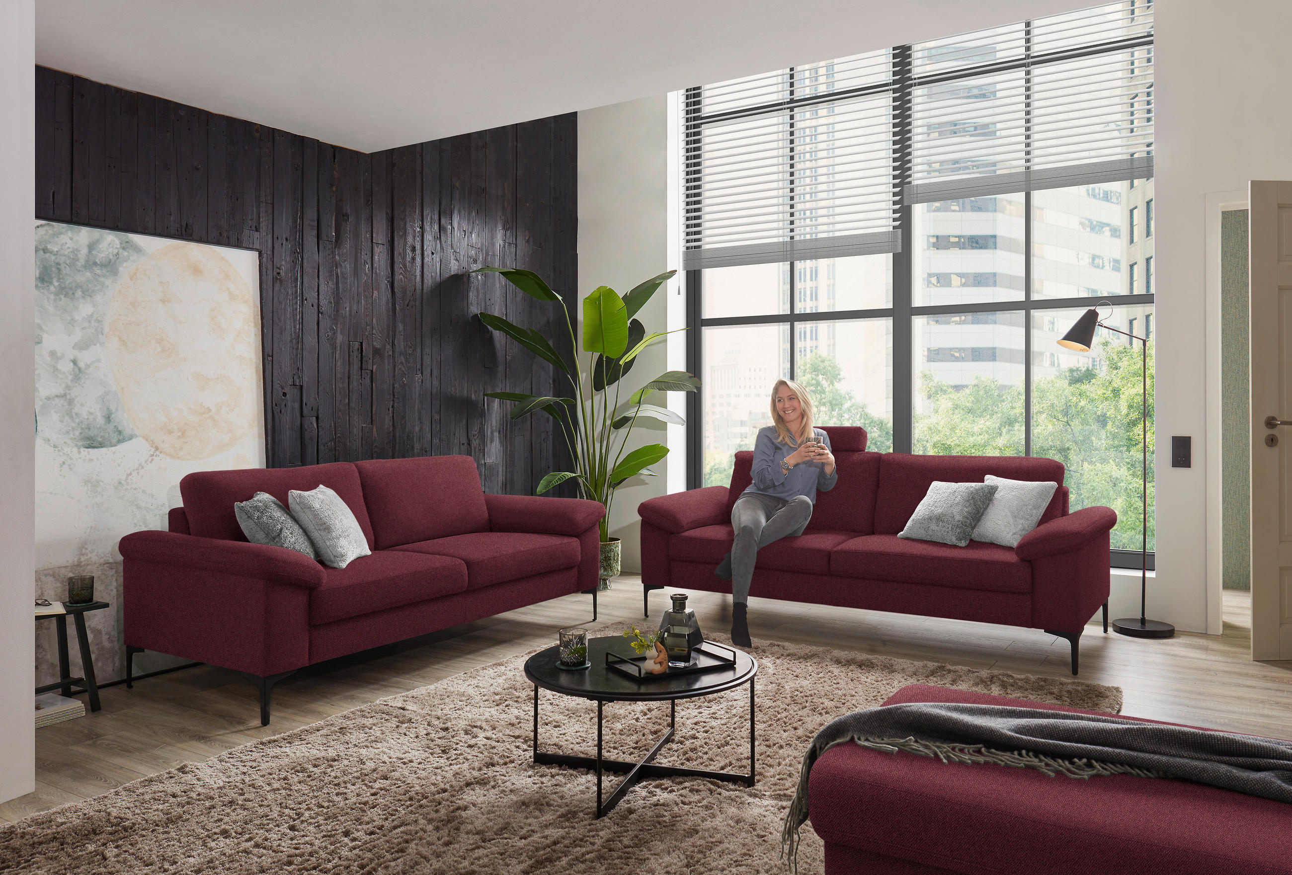 2,5-SITZER in Flachgewebe Rot  - Rot/Schwarz, Design, Textil/Metall (206/86/97cm) - Pure Home Lifestyle