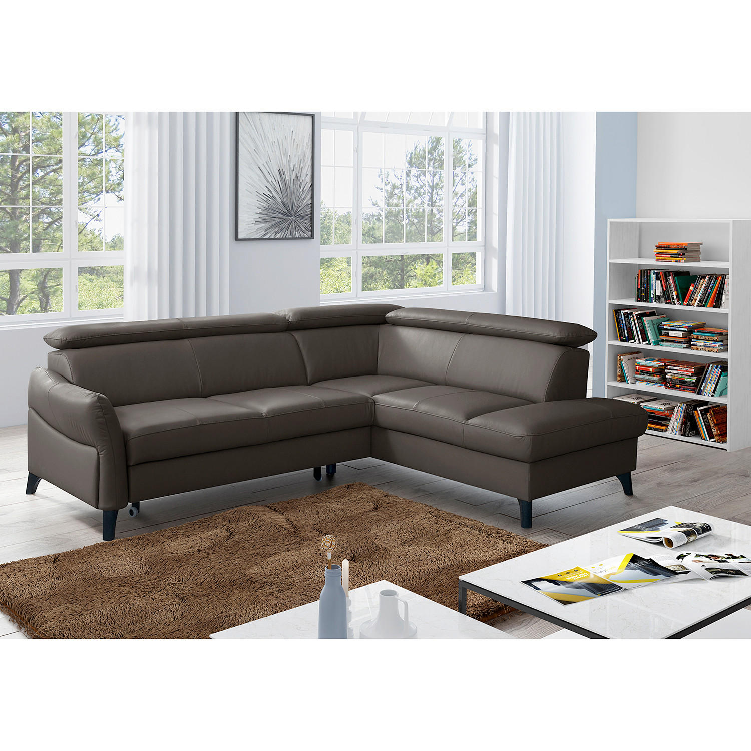 ECKSOFA Dunkelbraun Echtleder Lederlook  - Dunkelbraun/Schwarz, Design, Leder/Holz (244/199cm) - Livetastic