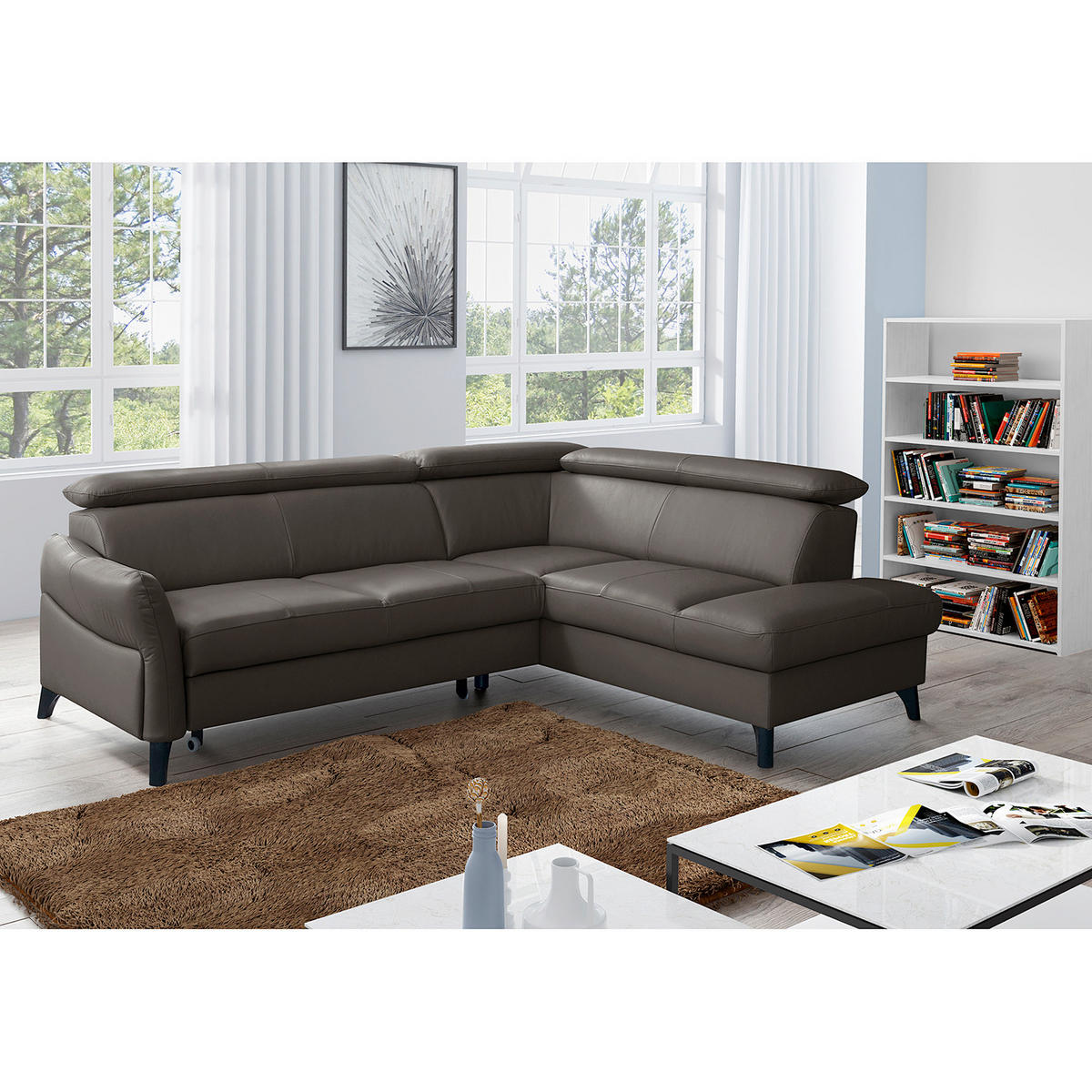 ECKSOFA Dunkelbraun Echtleder Lederlook  - Dunkelbraun/Schwarz, Design, Leder/Holz (244/199cm) - Livetastic