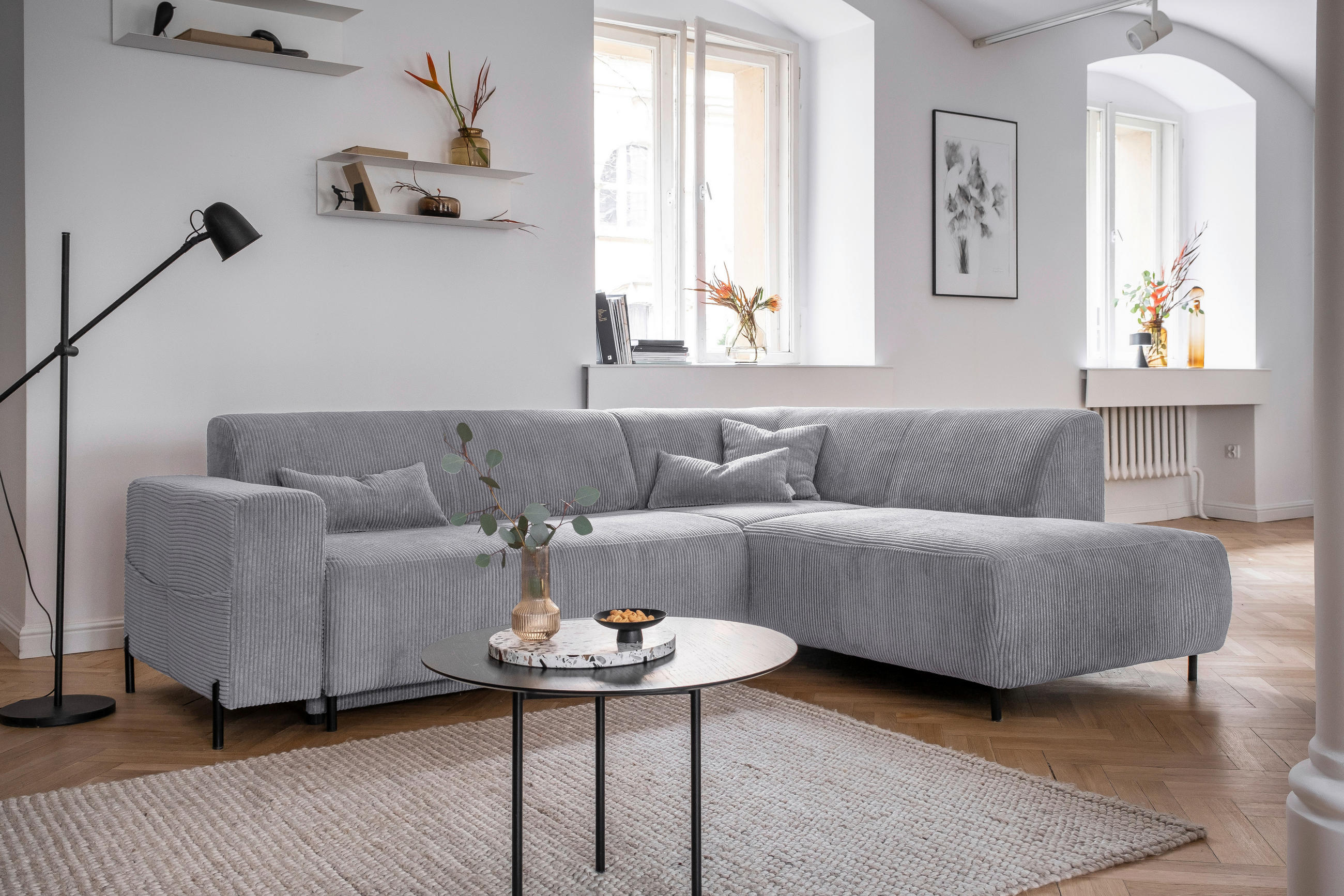 ECKSOFA in Cord Hellgrau  - Hellgrau/Schwarz, Textil/Metall (250/192cm) - MID.YOU