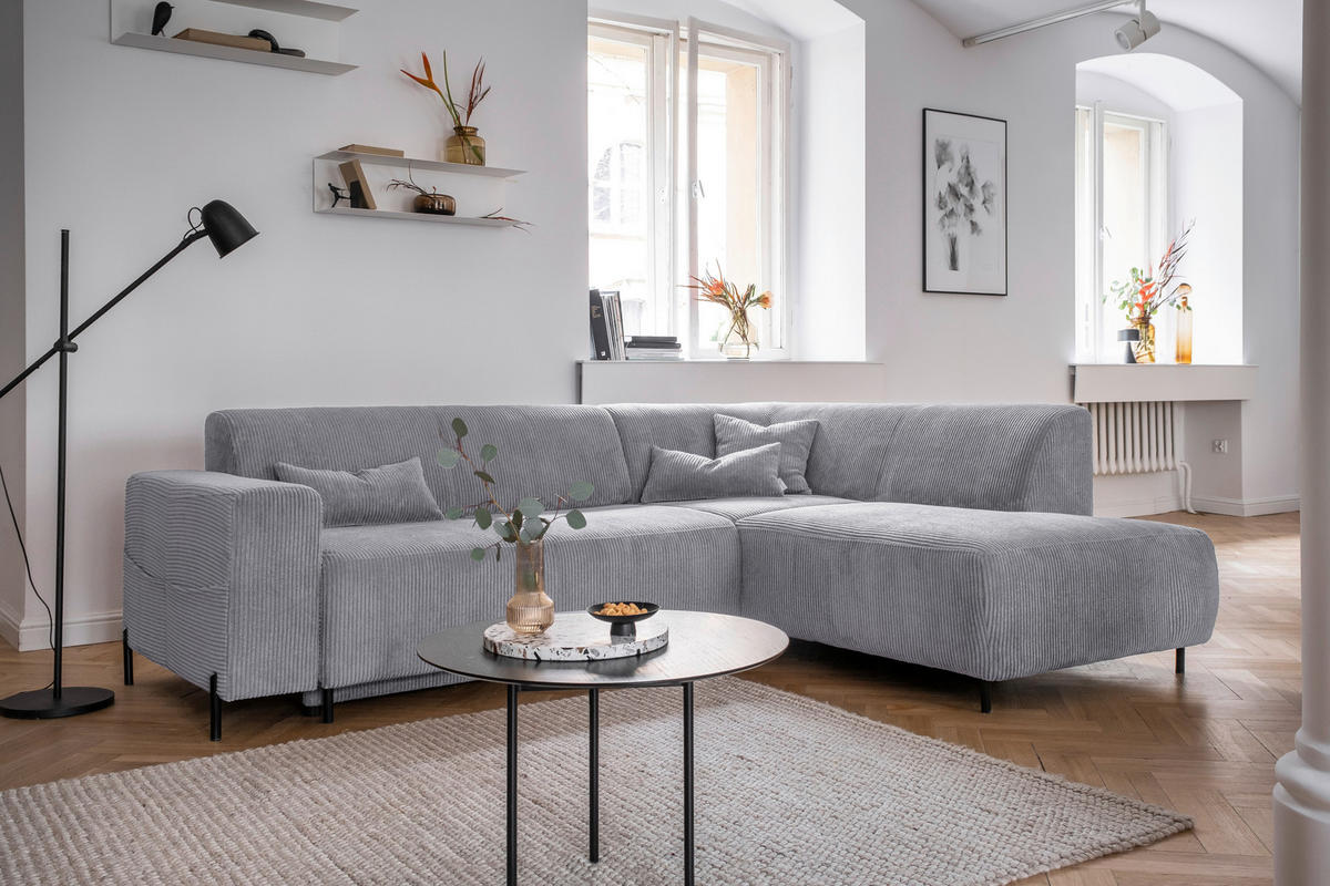 ECKSOFA Hellgrau Cord  - Hellgrau/Schwarz, Textil/Metall (250/192cm) - MID.YOU