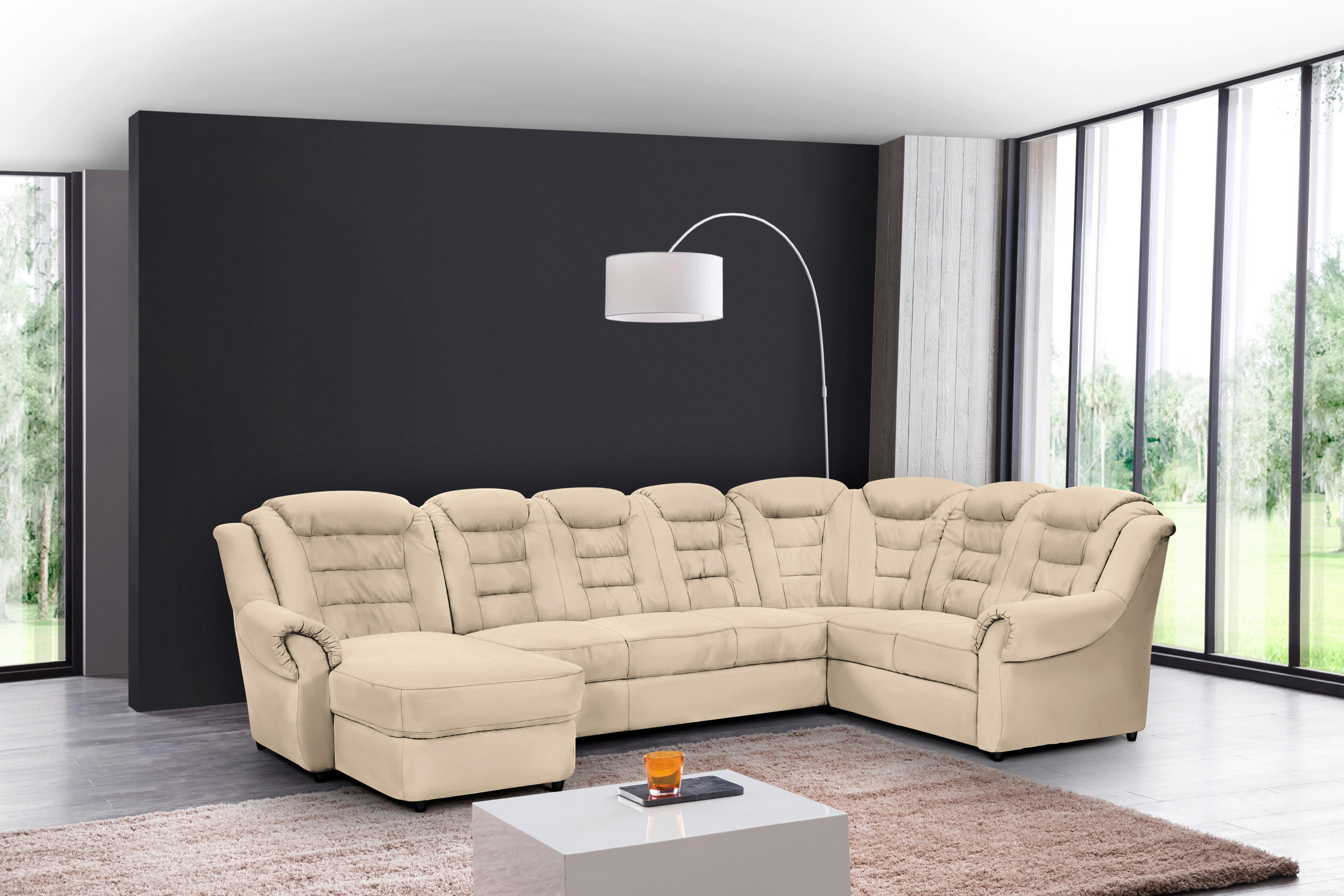 WOHNLANDSCHAFT Beige Lederlook - Beige/Schwarz, KONVENTIONELL, Kunststoff/Textil (165/333/216cm) - Livetastic