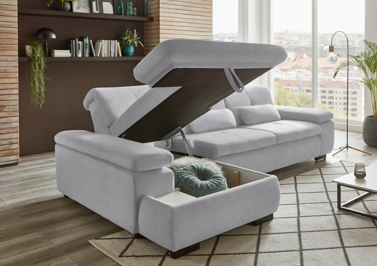 ECKSOFA in Flachgewebe Silberfarben  - Silberfarben/Schwarz, Design, Textil/Metall (174/297cm) - Beldomo Style