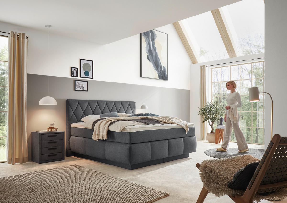 BOXSPRINGBETT 180/200 cm,  in Dunkelblau, Matratze, Topper, unterschiedliche Matratzenhärtegrade je Bettseite, H2 + H3 = mittel + fest  - Schwarz/Dunkelblau, KONVENTIONELL, Holz/Kunststoff (180/200cm) - Voleo