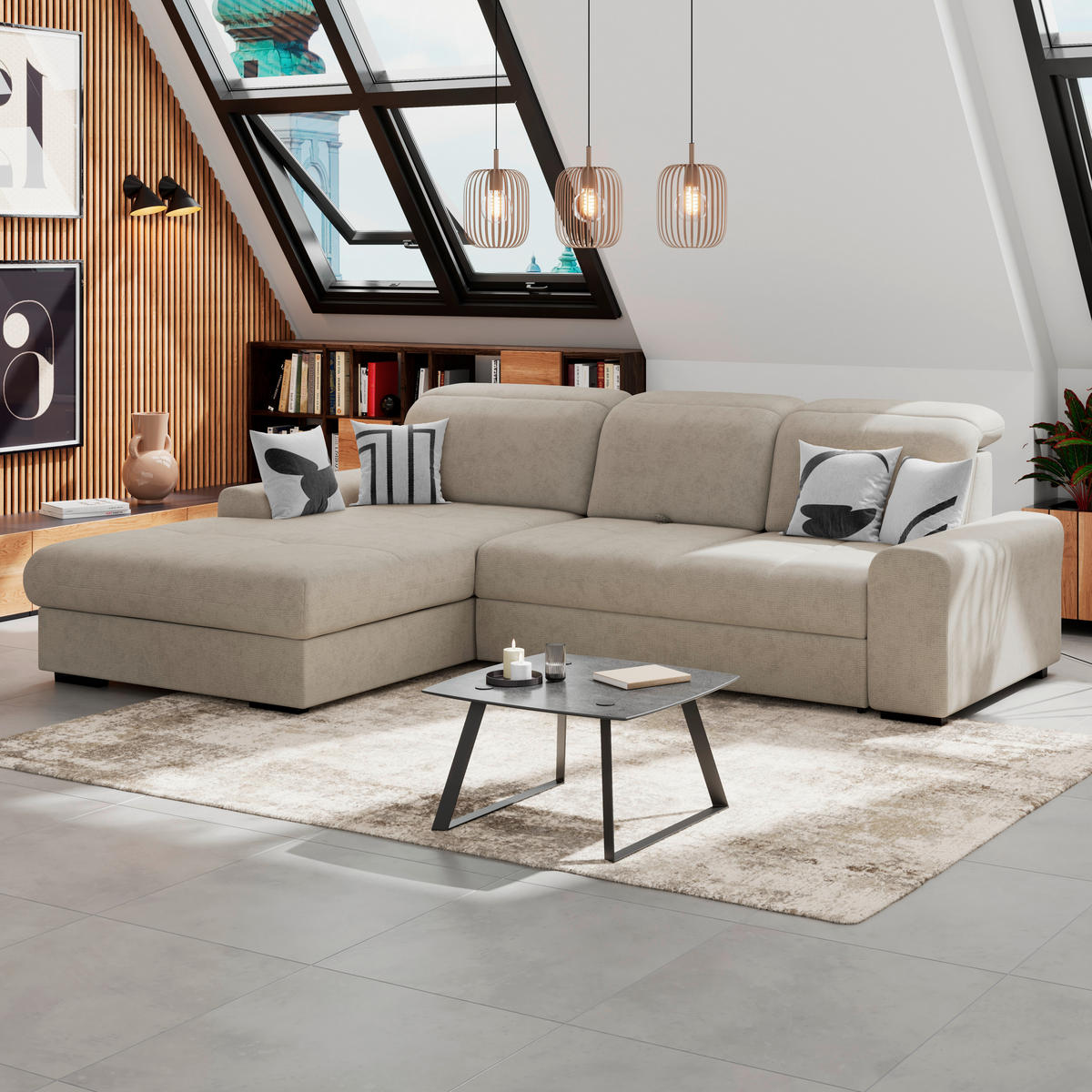 ECKSOFA Beige Chenille Rücken echt, Kopfteilverstellung  - Beige/Schwarz, KONVENTIONELL, Holz/Textil (203/286cm) - MID.YOU