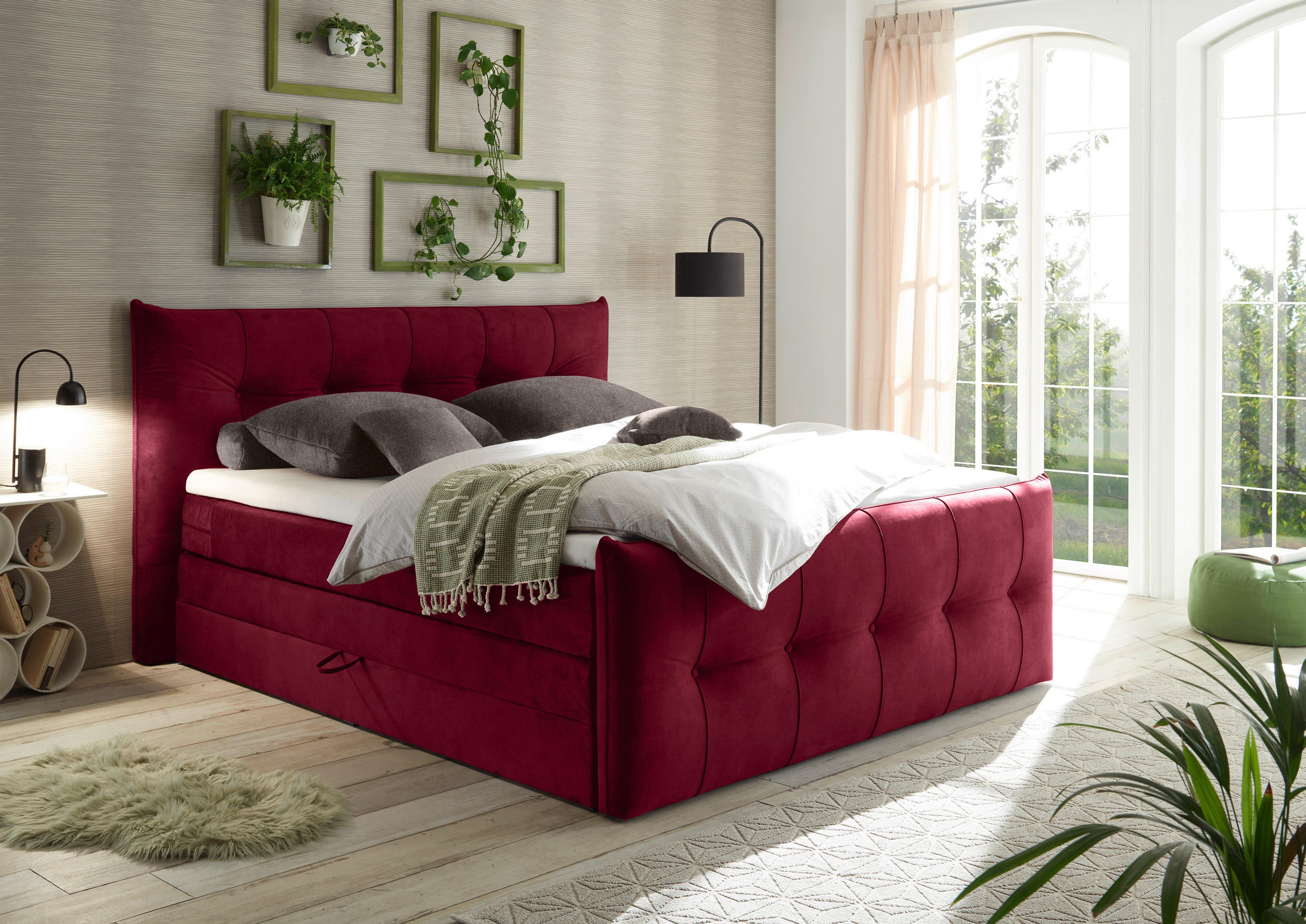 Thumbnail - Esposa Boxspringbett, Weinrot, Textil, H3 + H4, 7-Zonen, Höhe ca. 18 cm, 180x200 cm, Stoffauswahl, Topper durchgehend, W...