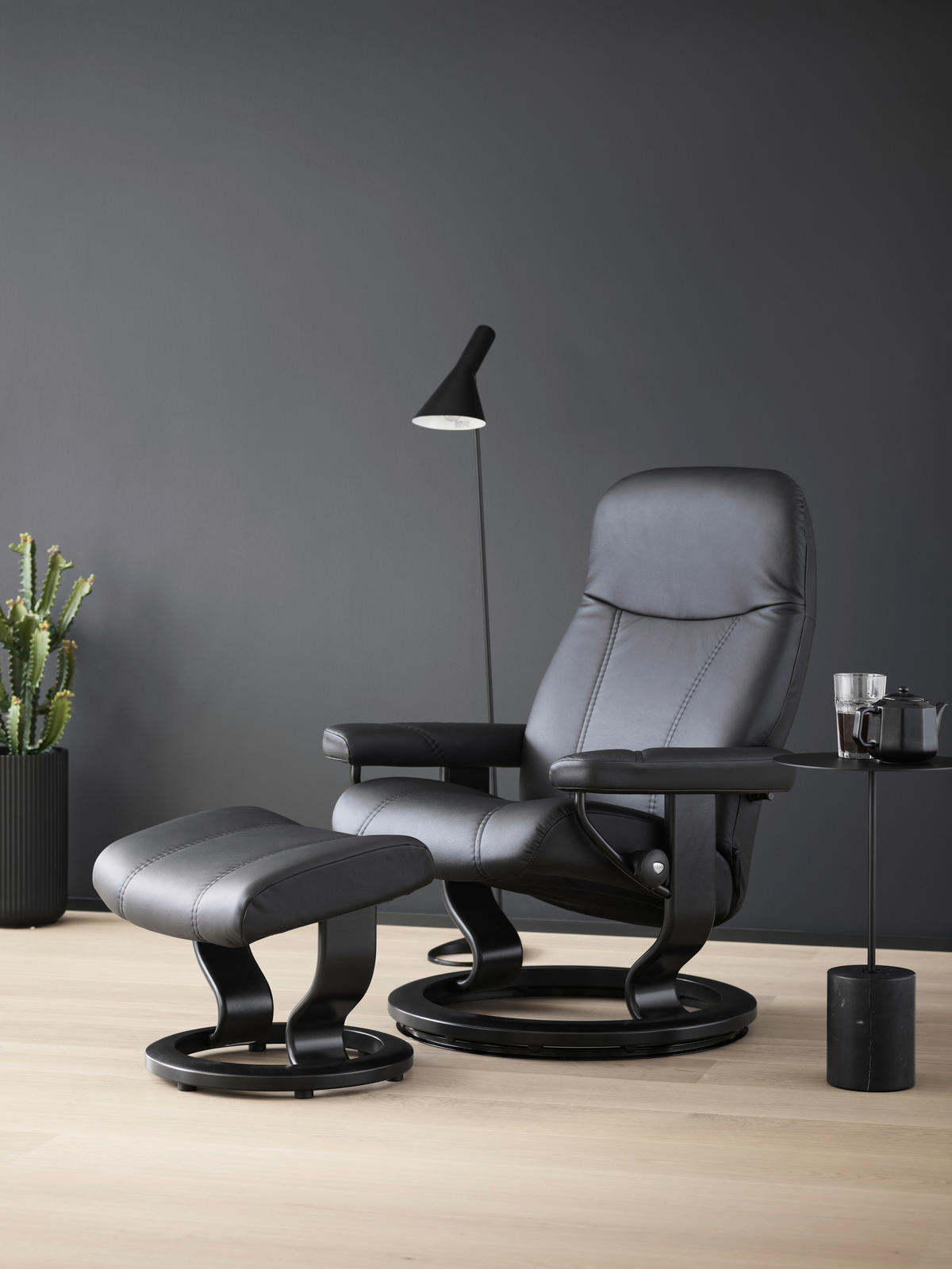 RELAXSESSELSET Echtleder Relaxfunktion, Hocker    - Schwarz, Design, Leder/Holz (76/100/71cm) - Stressless