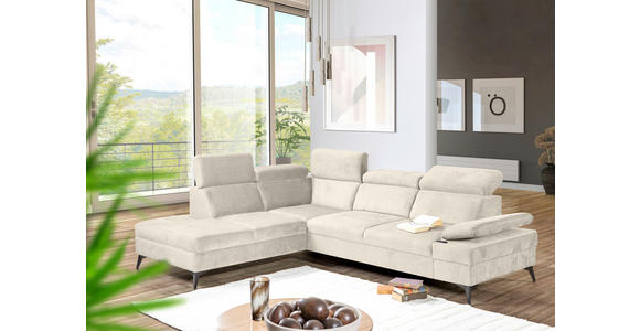 ECKSOFA Greige Flachgewebe Rücken echt, Kopfteilverstellung, Sitzvorzug  - Greige/Schwarz, MODERN, Textil/Metall (210/258cm) - Landscape