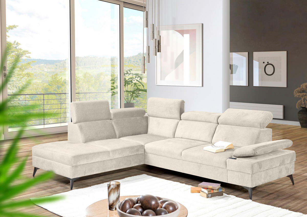 ECKSOFA Greige Flachgewebe Rücken echt, Kopfteilverstellung, Sitzvorzug  - Greige/Schwarz, MODERN, Textil/Metall (210/258cm) - Landscape