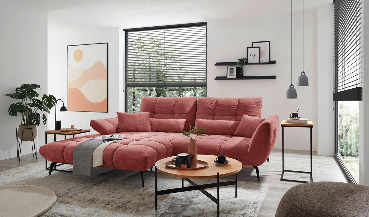 ECKSOFA Weinrot Flachgewebe Rücken echt, Sitztiefenverstellung  - Weinrot/Schwarz, KONVENTIONELL, Textil/Metall (211/273cm) - SetOne by Musterring