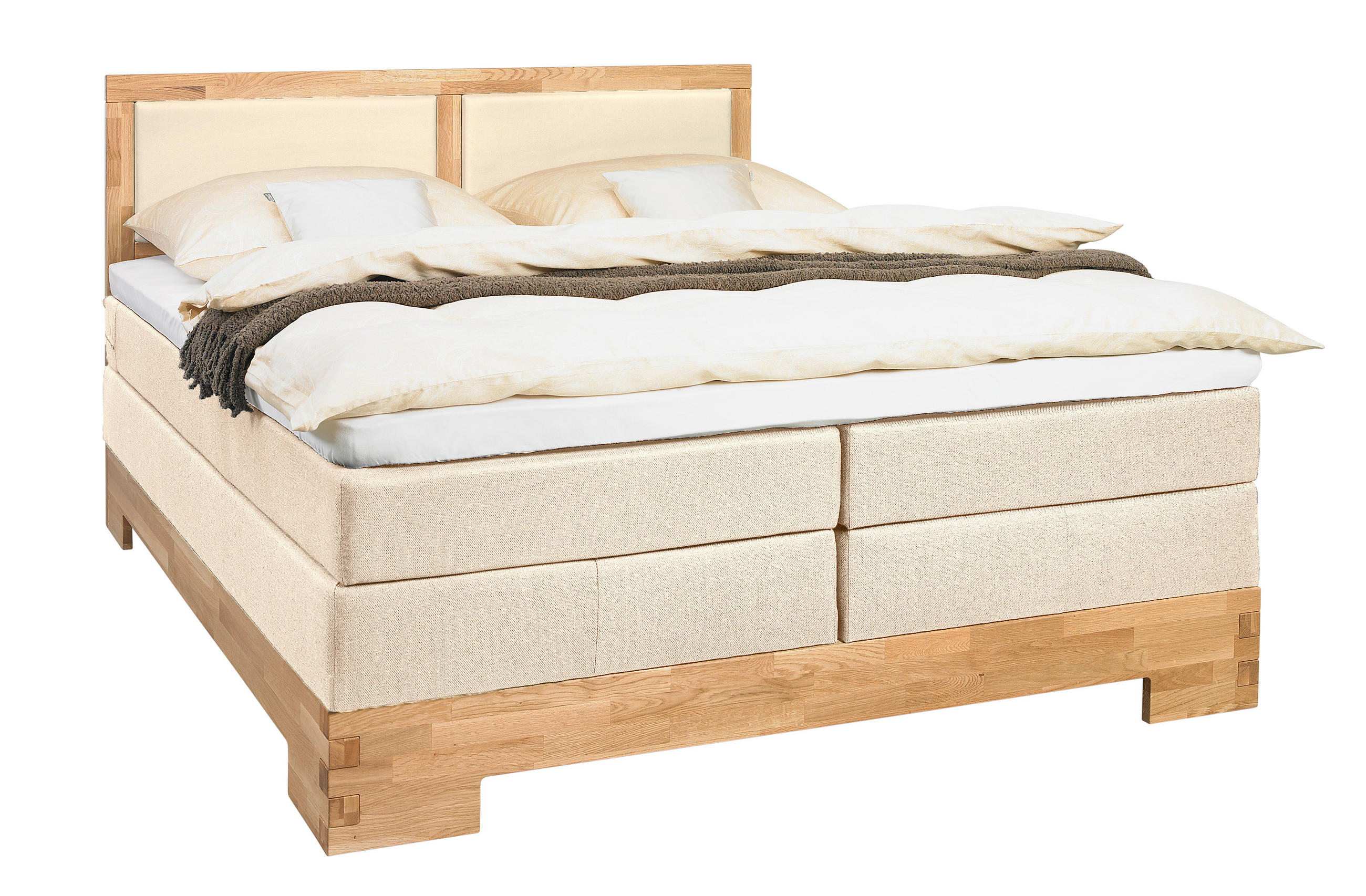 BOXSPRINGBETT 200/200 cm,  in Eichefarben, Beige, Matratze, gepolstertes Kopfteil, Topper, H3 + H3 = fest  - Eichefarben/Beige, Design, Holz/Textil (200/200cm) - Linea Natura