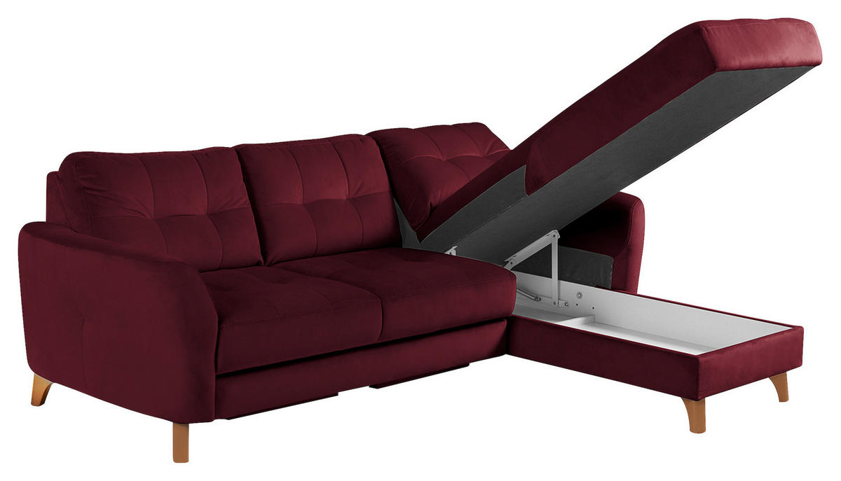 ECKSOFA Rot Samt Bettkasten, Schlaffunktion, Liegefläche im Originalstoff  - Buchefarben/Rot, Design, Holz/Textil (238/168cm) - Livetastic