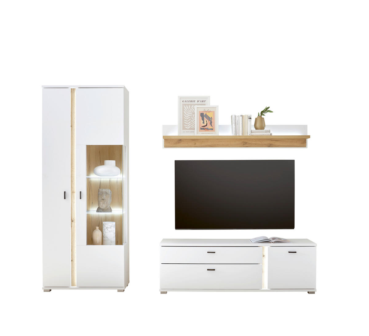 WOHNWAND 3-teilig  in Weiß, Eiche Wotan  240/200/42 cm  - Eiche Wotan/Schwarz, Design, Glas/Holzwerkstoff (240/200/42cm) - MID.YOU